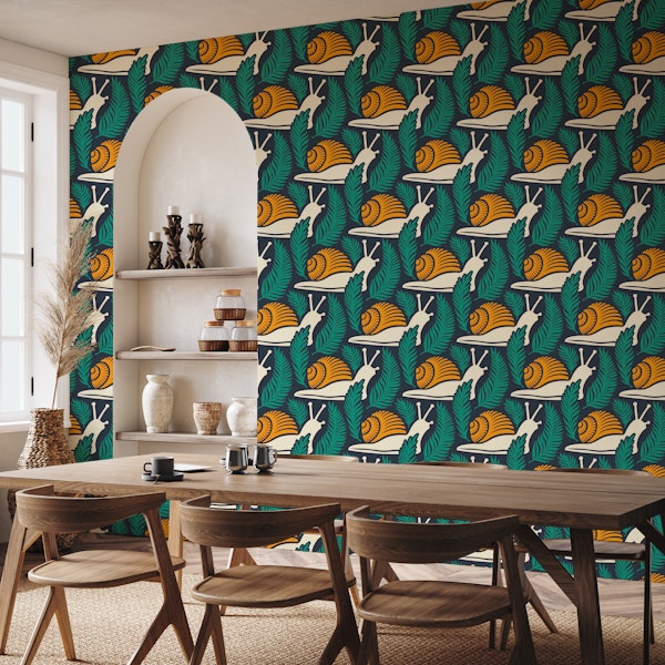 Snails in ferns, teal yellow / 3001 A