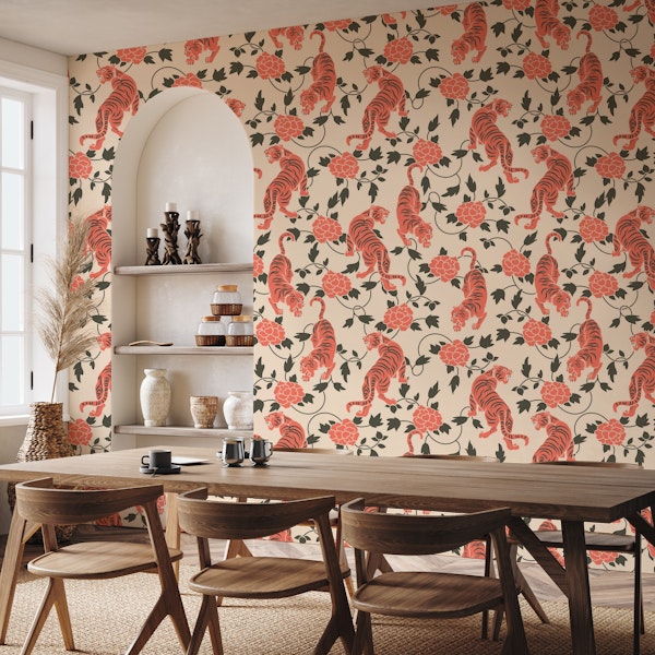 Vintage Chinese Tigers Florals Chinoiserie