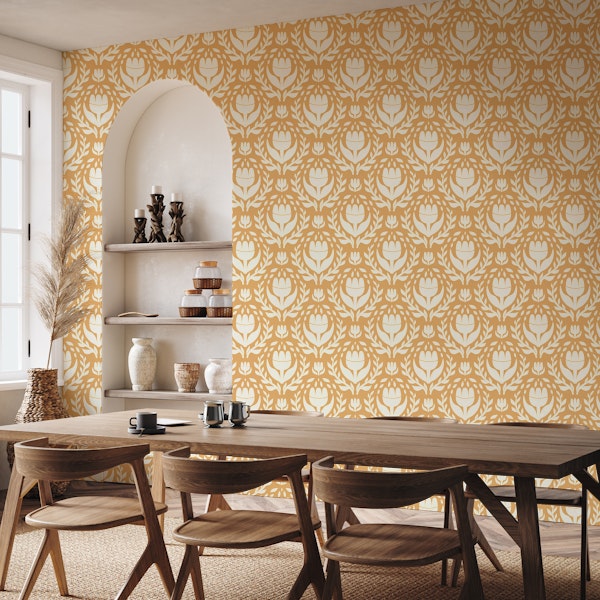 White bold floral on light brown background