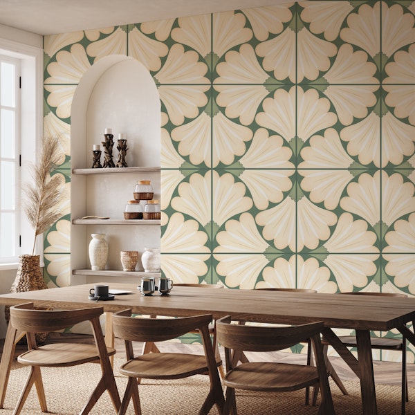 Flower tiles green offwhite