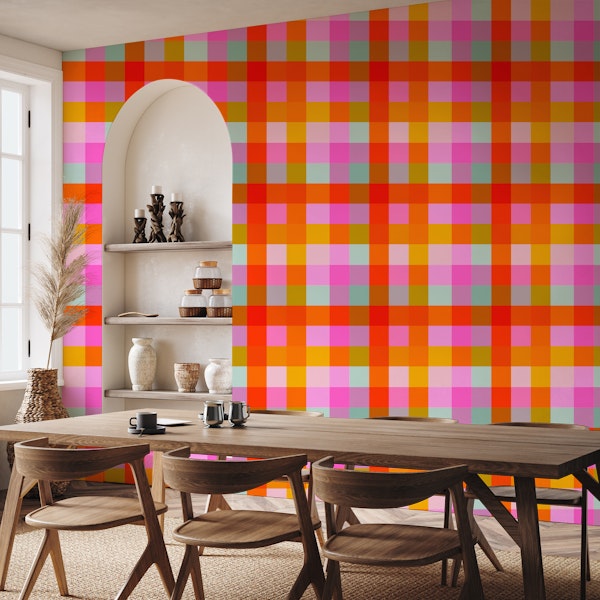 Retro Pink and Orange Geometric Plaid Pattern