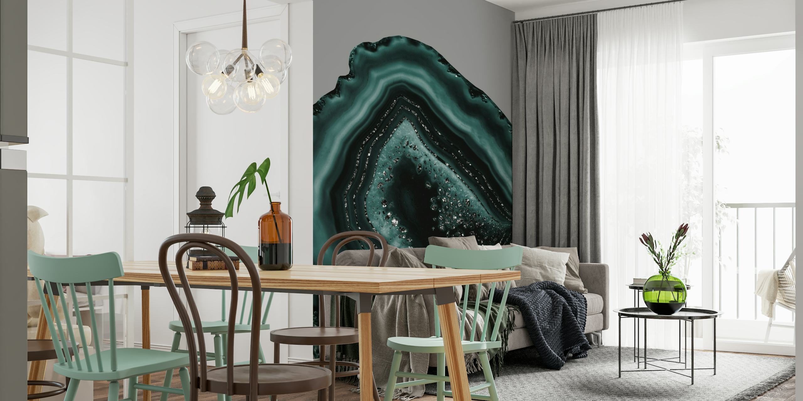 Blågrønt og sort agat-inspireret vægmaleri med glitteraccenter