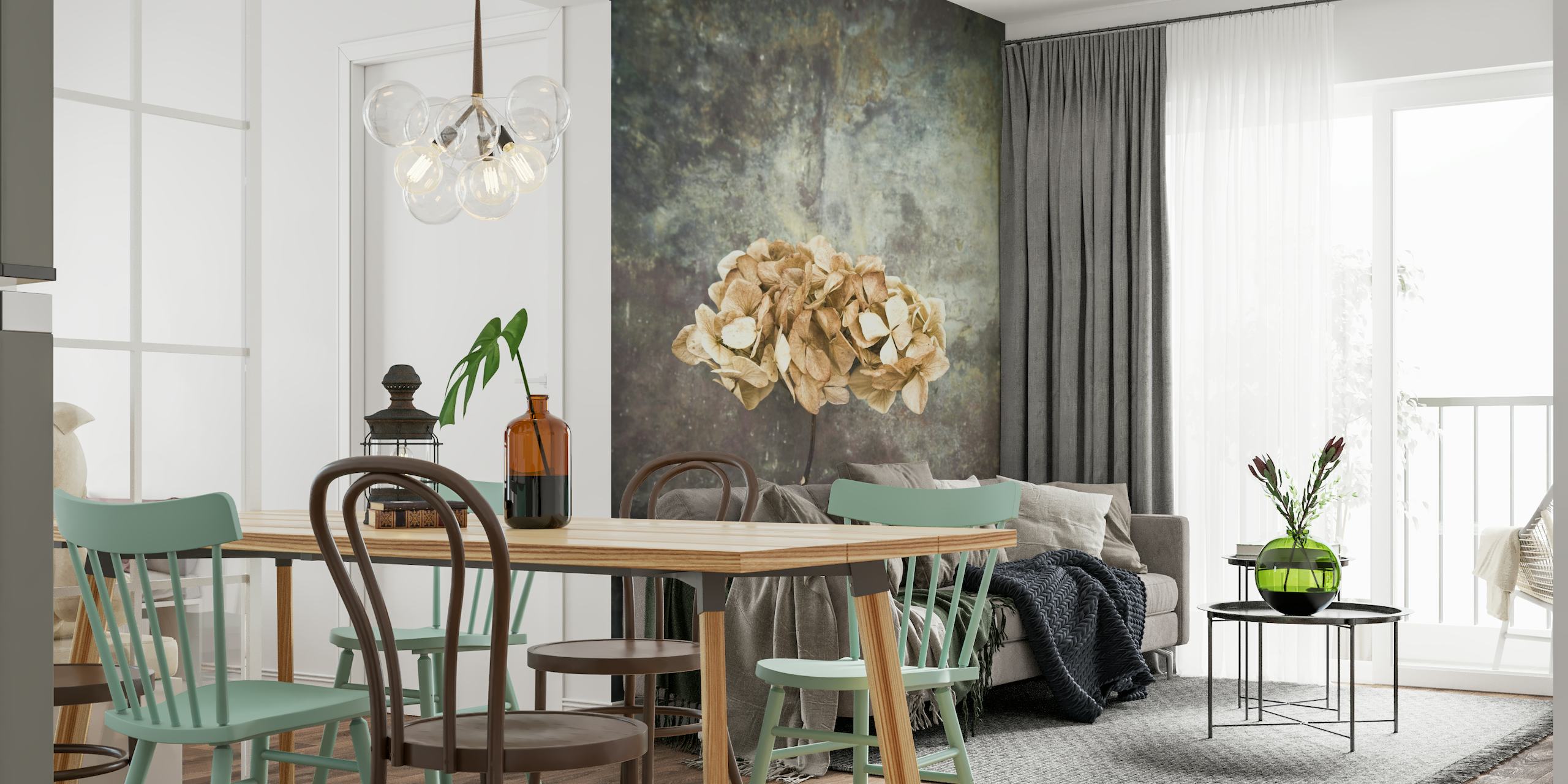 Kuivattu hortensia seinämaalaus maalaismaisella taustalla