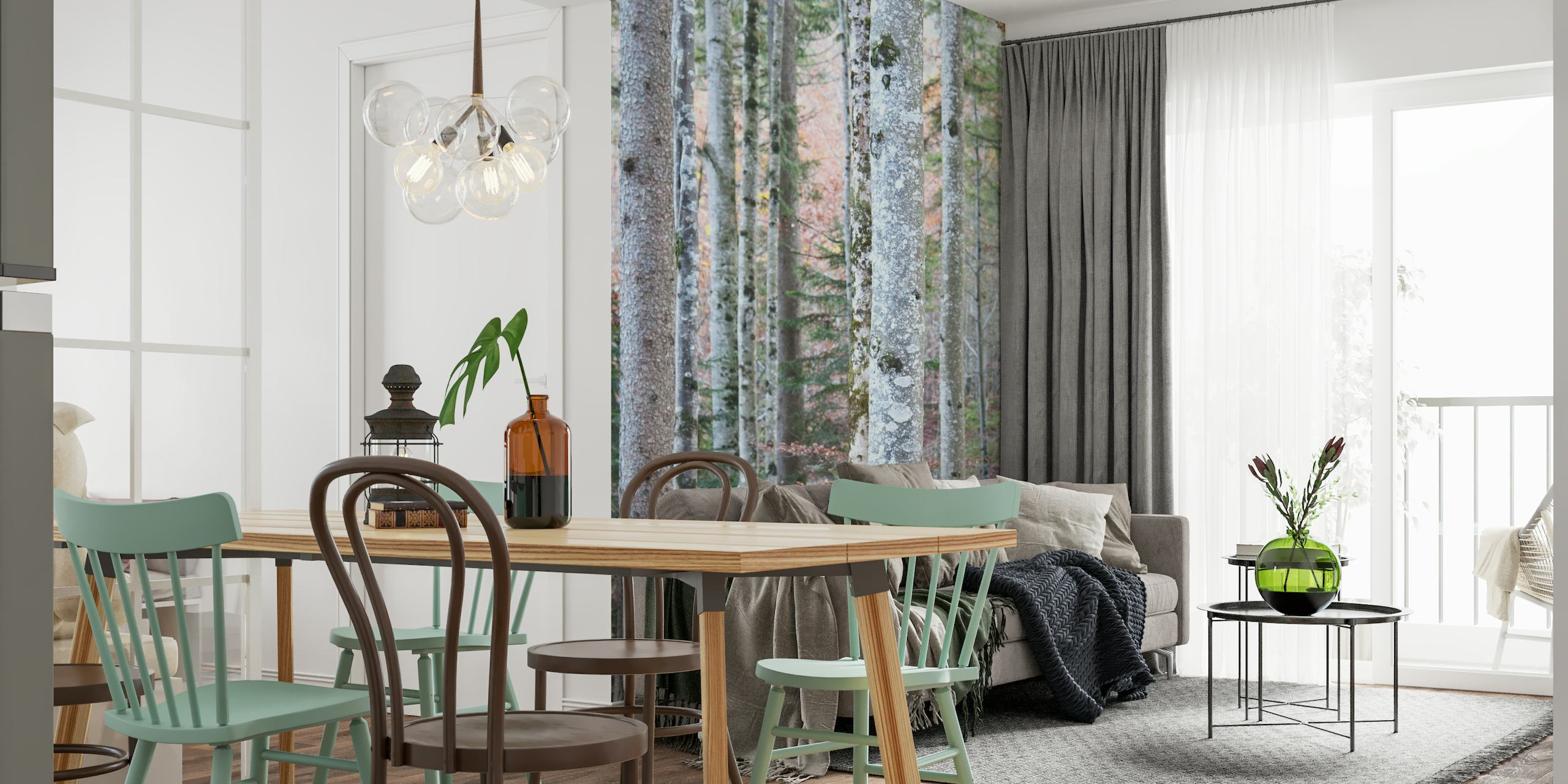 Tranquil forest wall mural showcasing tall trees with textured bark, a natural woodland ambience.