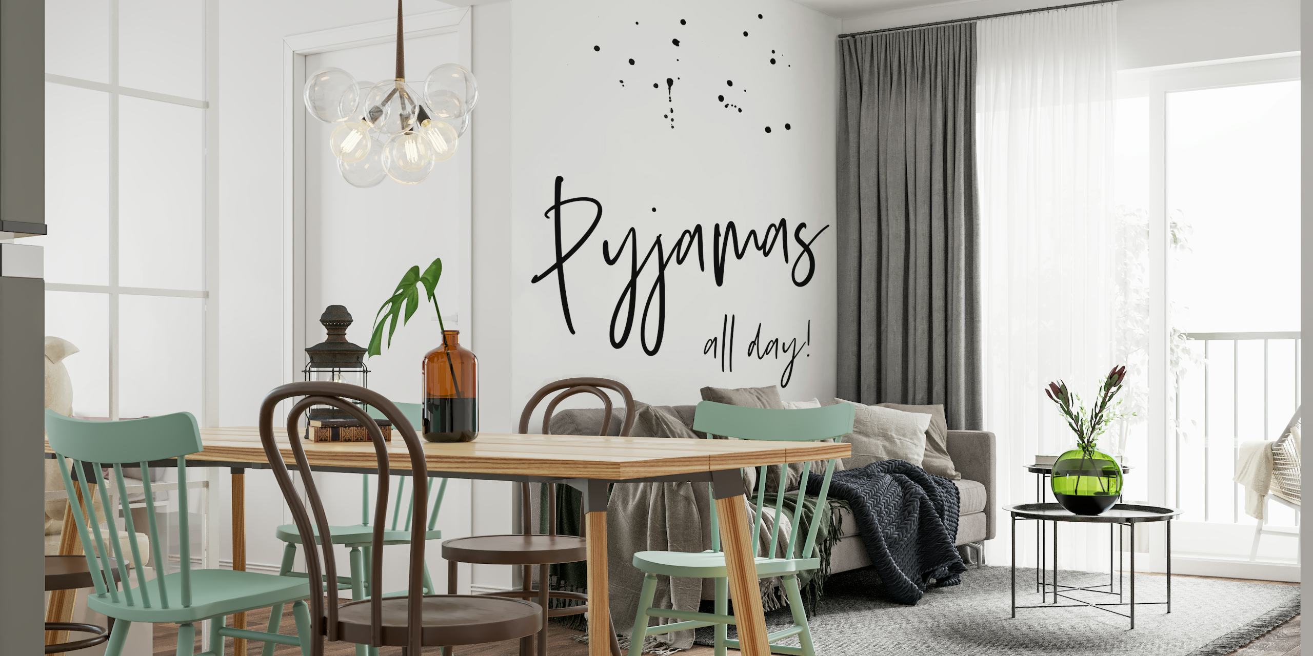 Handwritten text art wall mural with 'Pyjamas all day' phrase and decorative ink splatters
