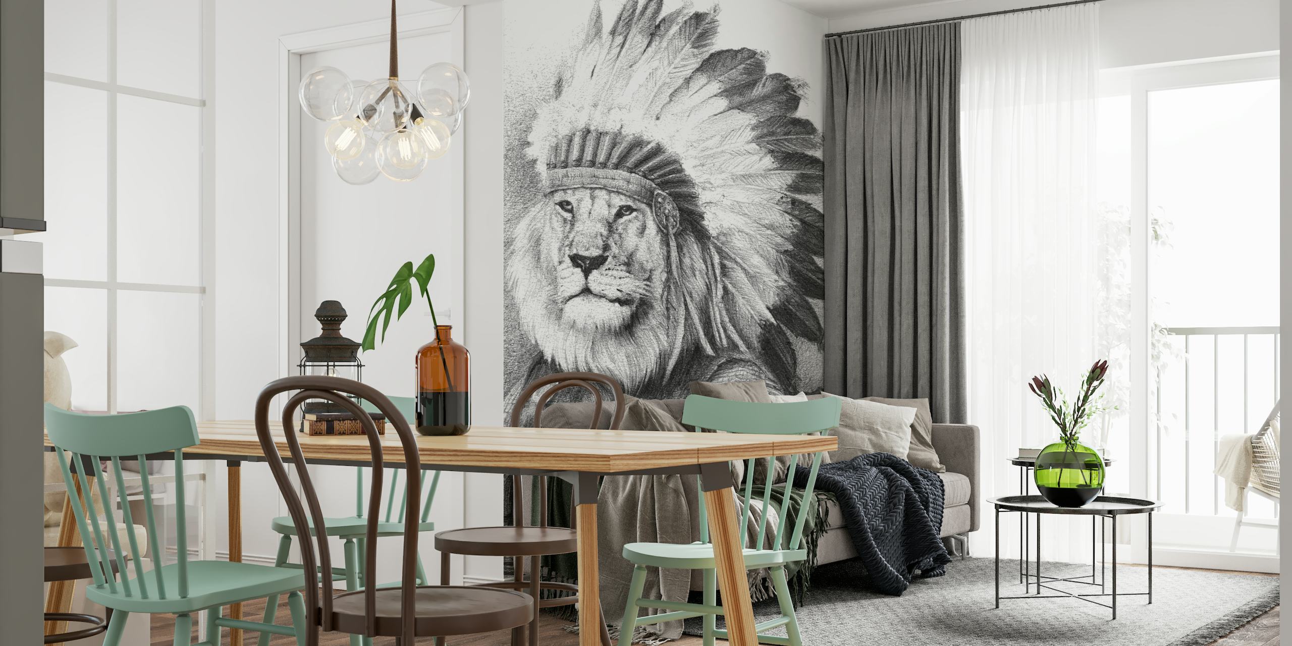 Black and white sketch of a lion with Native American headdress wall mural