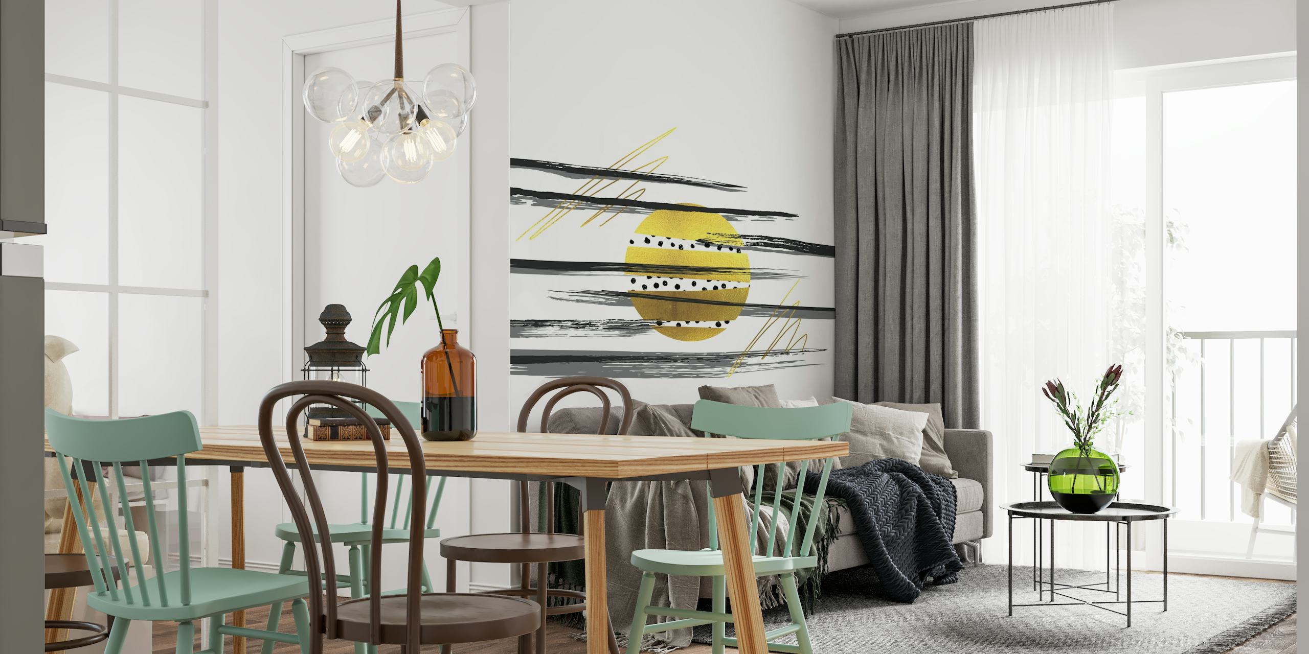 Abstract full moon wall mural with black and gold brush strokes on a white background