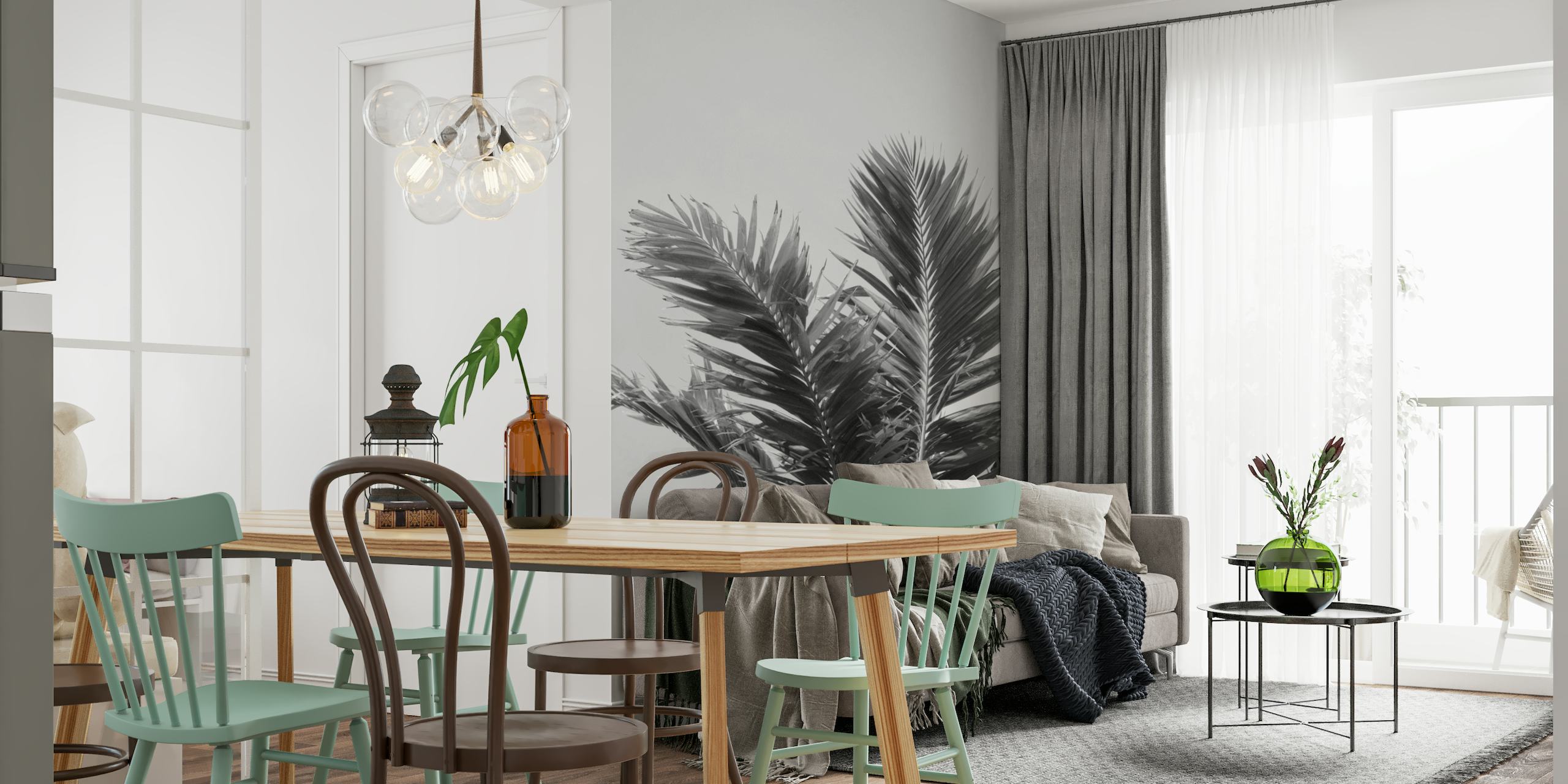 Zwart-witte tropische palmbladeren muurschildering voor interieur.