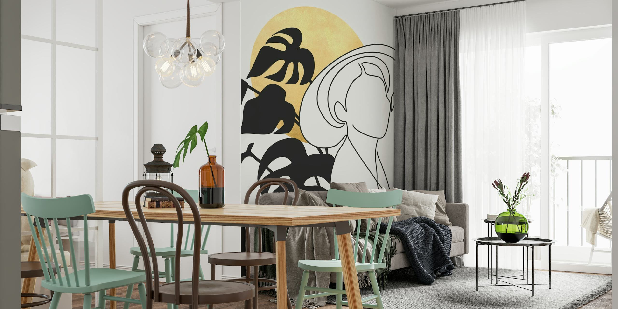 Monokrom silhuet vægmaleri med gylden sol og løvdetaljer