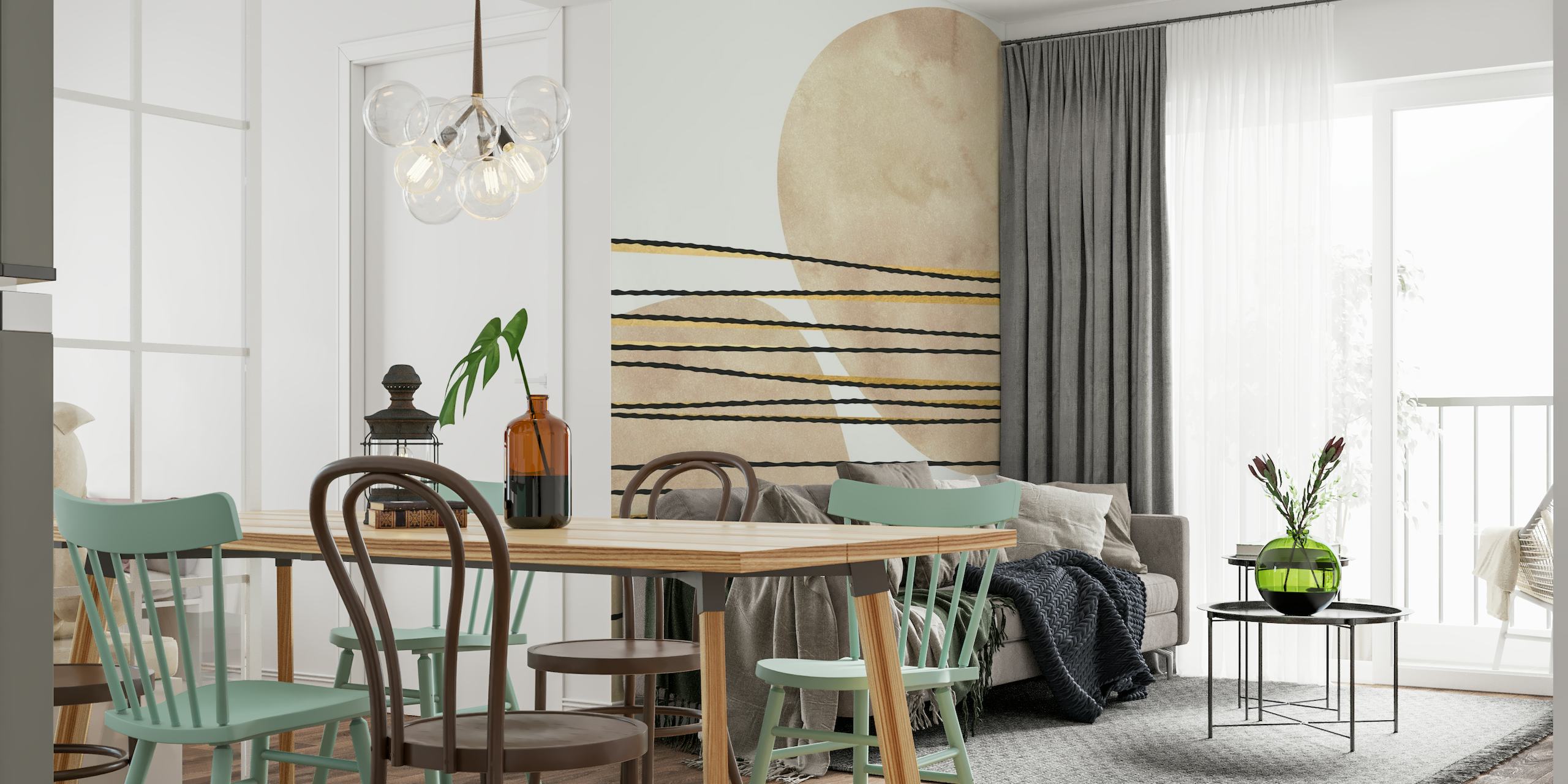Abstract taupe wall mural with gilded lines and geometric shapes