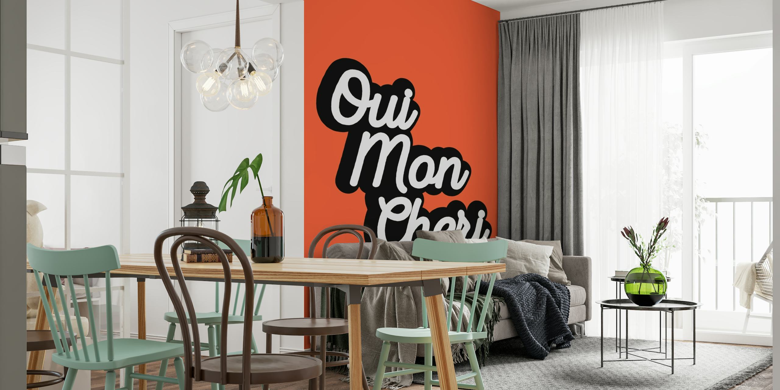 Oui Mon Cheri lettering in stylish font on a vibrant background wall mural