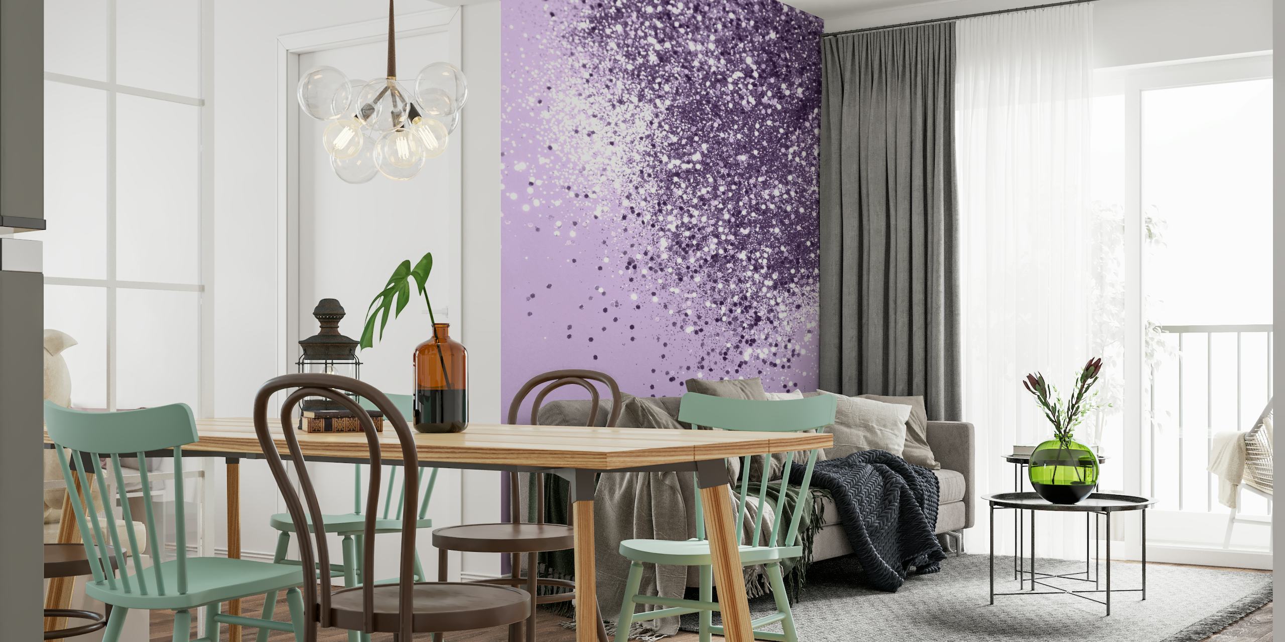 Säkenöivä pehmeä laventelin kimalteleva seinämaalaus luo rauhallisen ja elegantin tunnelman