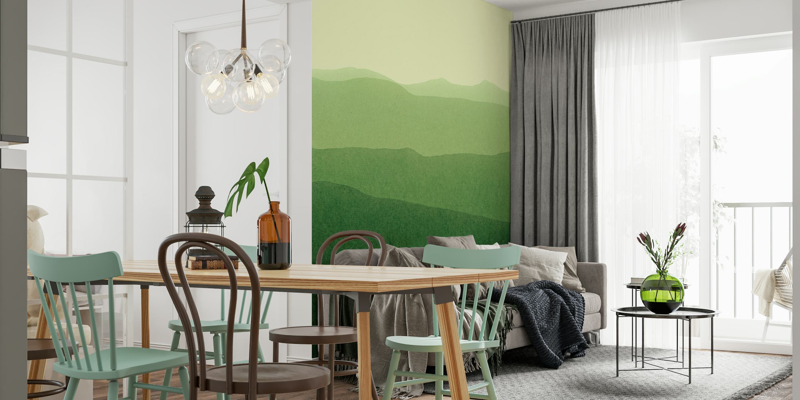 Stiliseret landskabsvægmaleri med grønne gradienter, der viser bølgende bakker