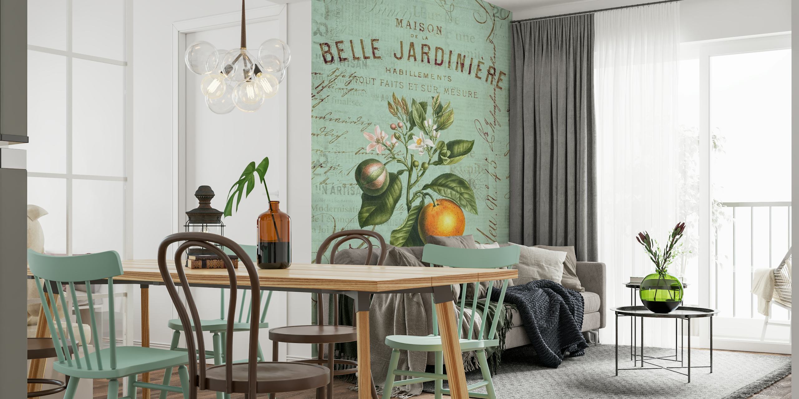 Vintage-inspired wall mural with orange fruit and French texts in a rustic design