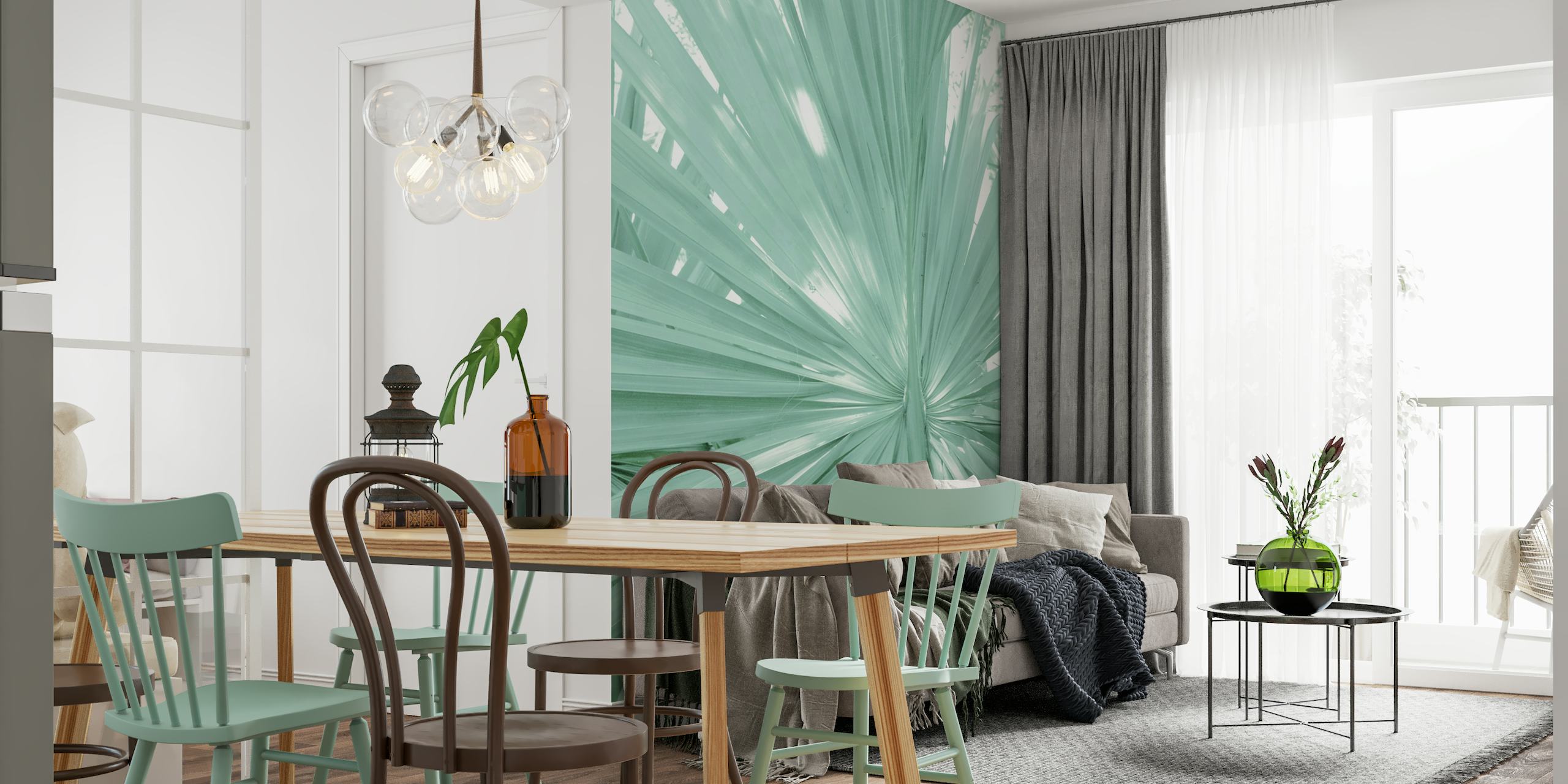 fotomural vinílico de parede com padrão de folha de palmeira em leque tropical para decoração de interiores
