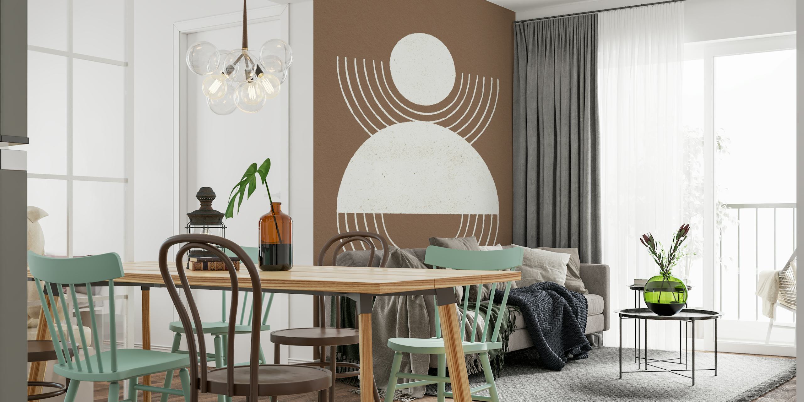 Abstract geometric wall mural featuring circles and lines in white over a warm brown background.