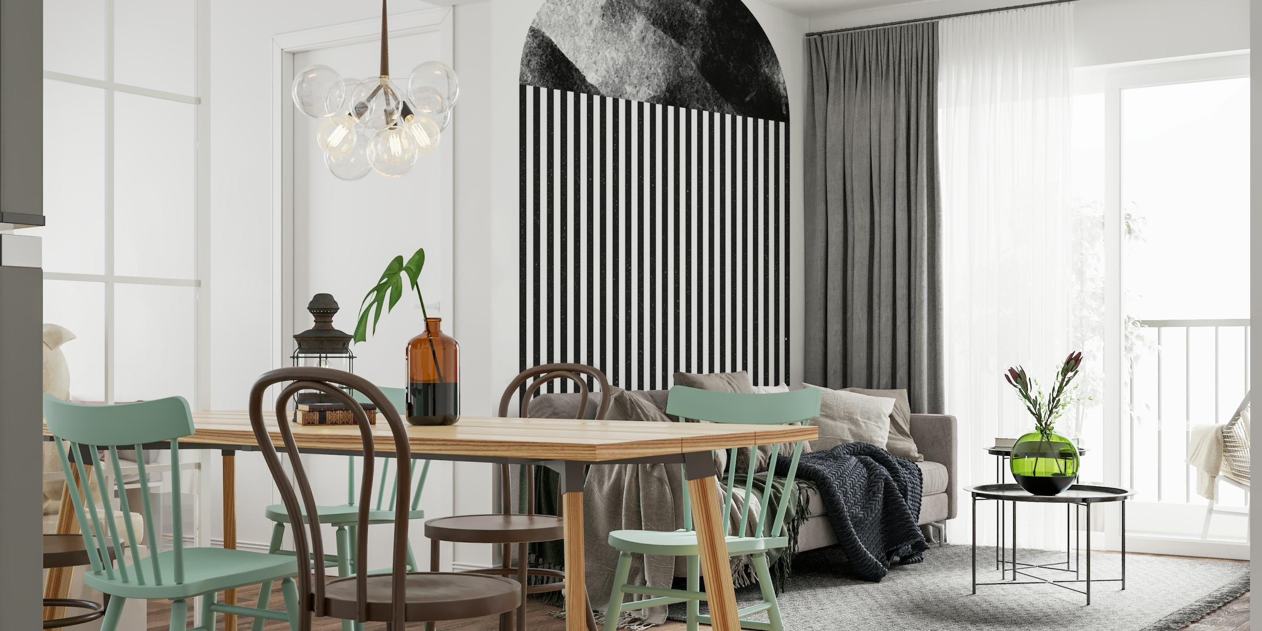 Black and white abstract geometric wall mural with vertical lines and celestial elements