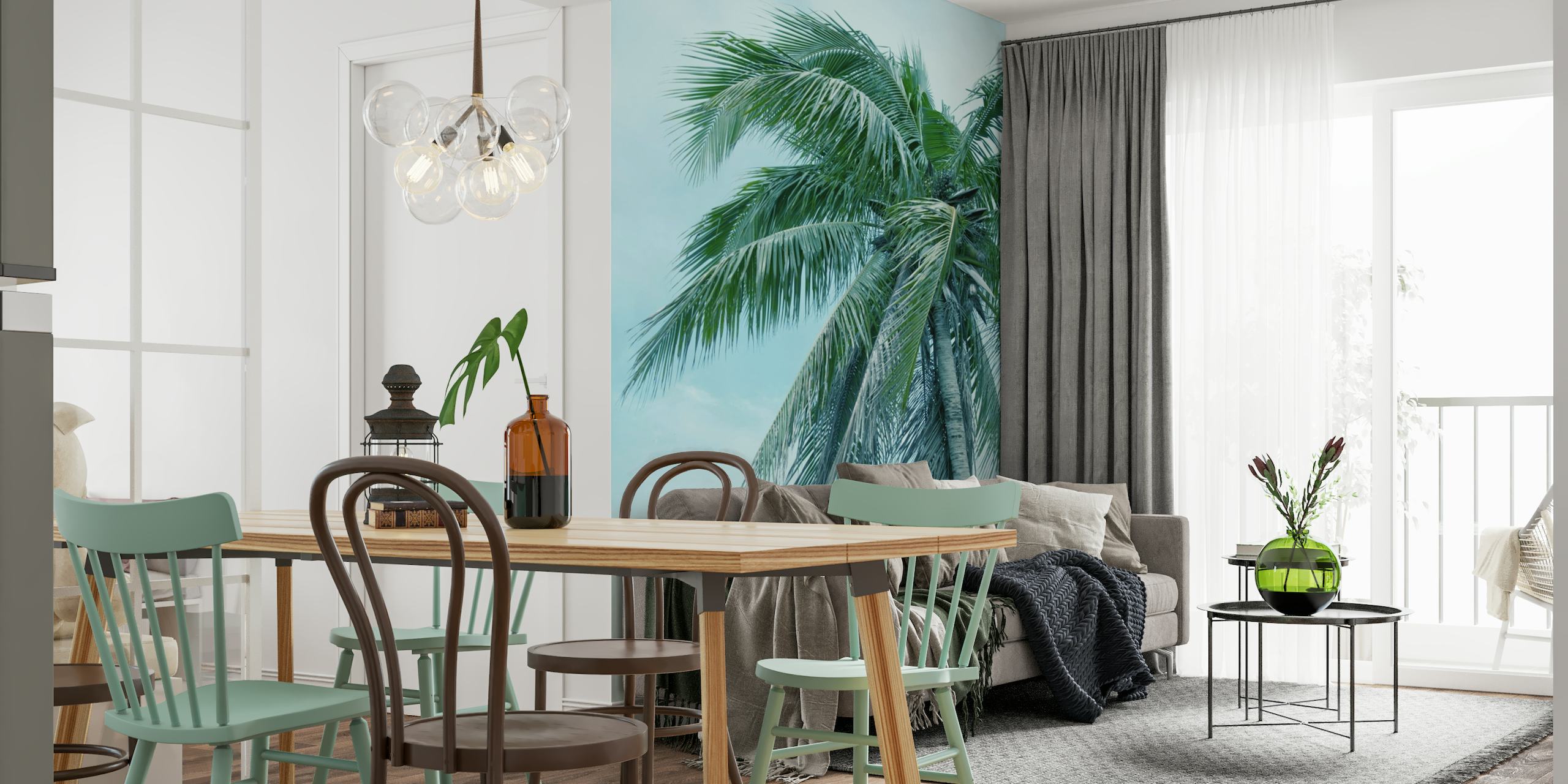 Tropische palmboom tegen een heldere hemel muurschildering