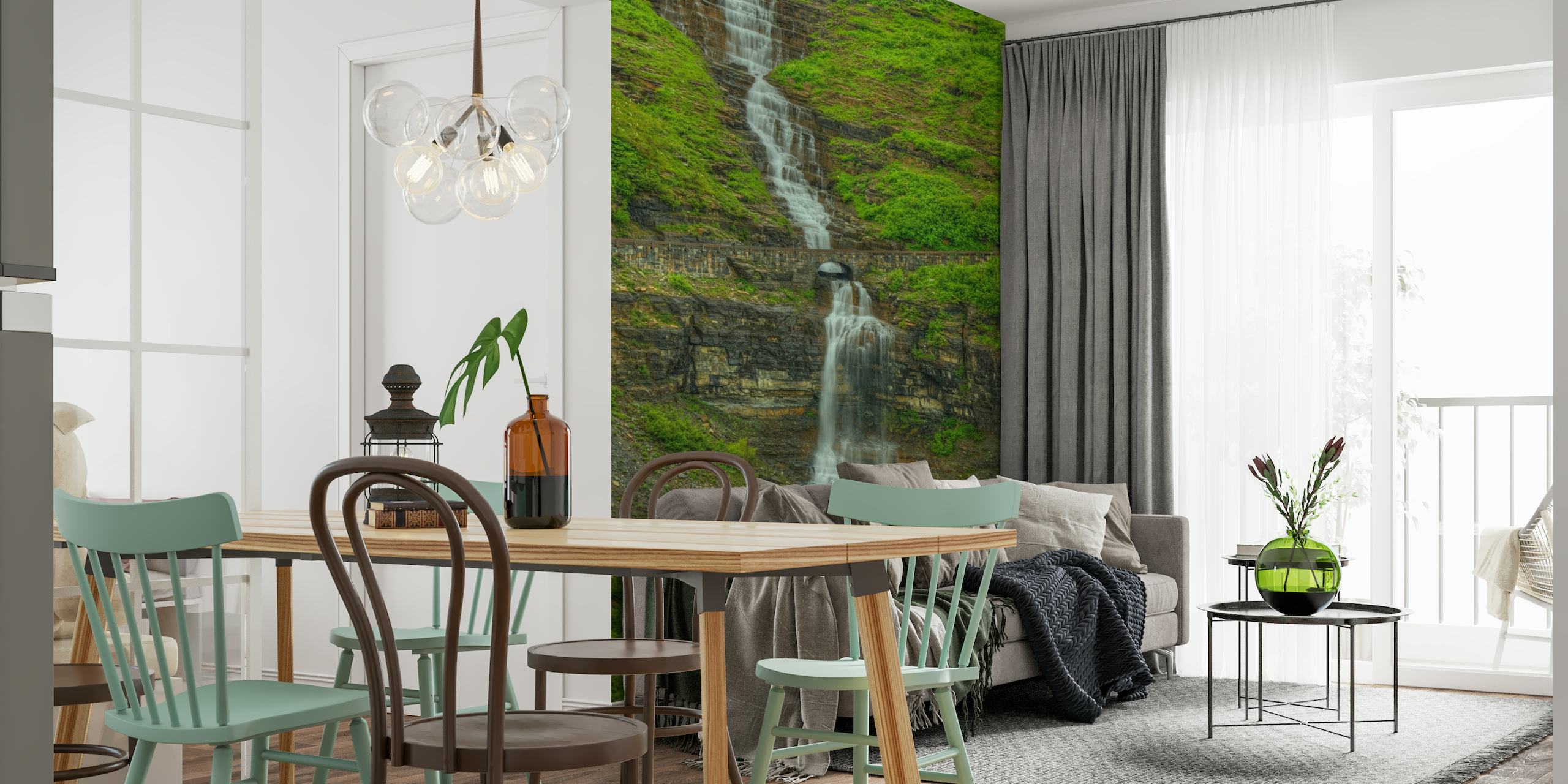 Wall mural of a cascading waterfall with greenery