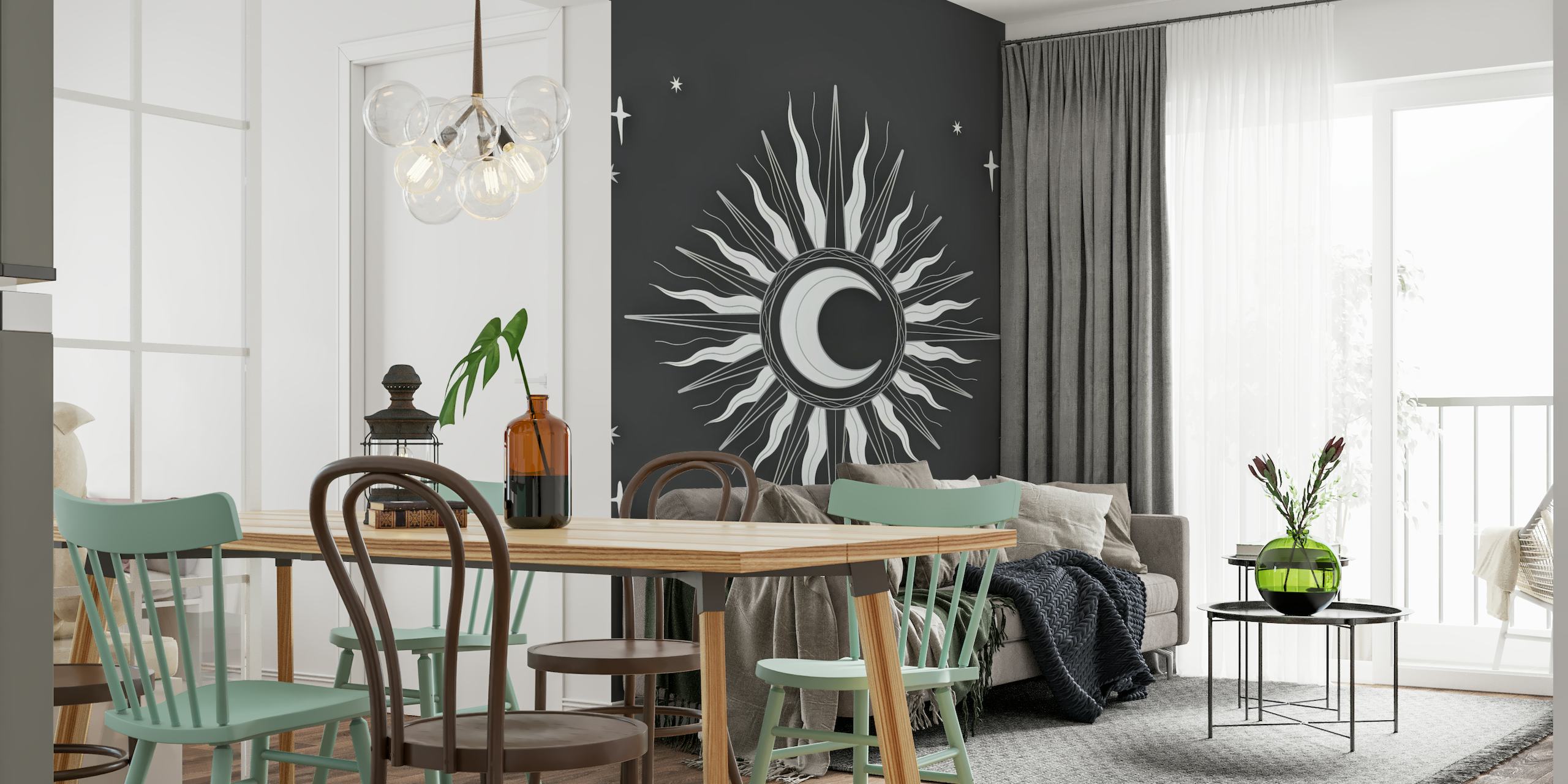 Boho Moon wall mural with a stylized crescent moon and sun radiance on a dark background.