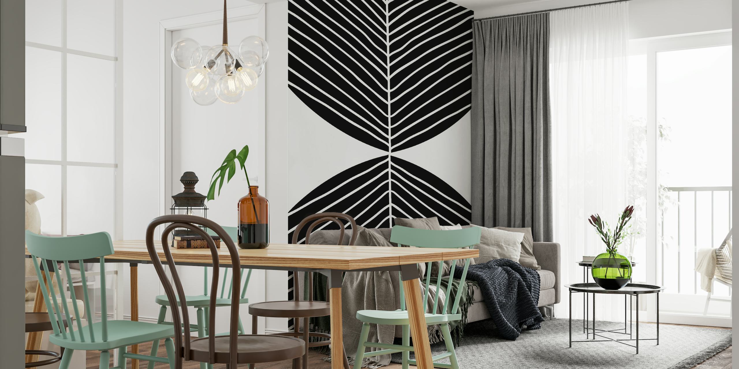 Black and white minimalist Nordic leaf design wall mural