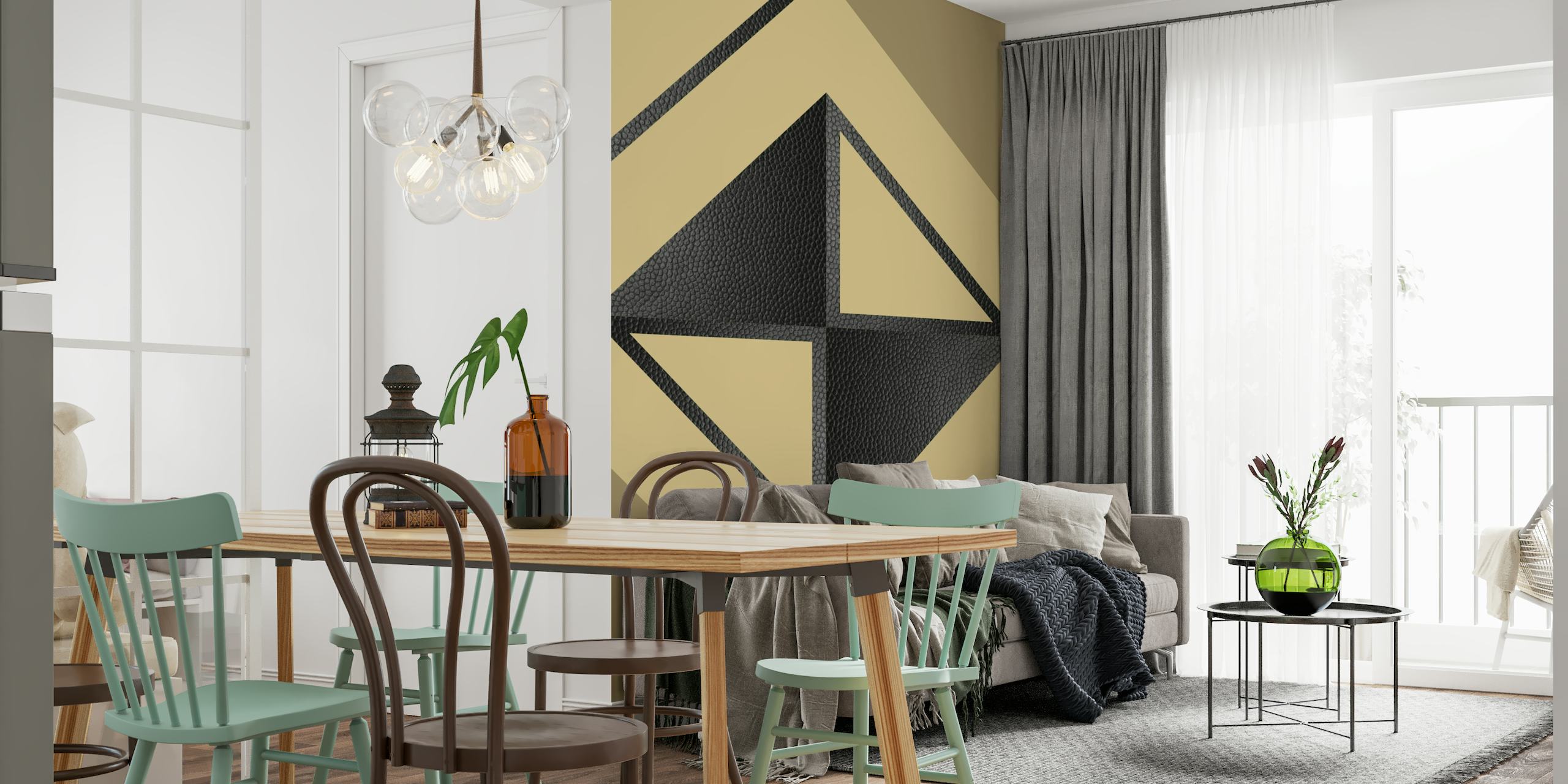 Gult og svart abstrakt geometrisk veggmaleri med minimalistiske trekanter og former