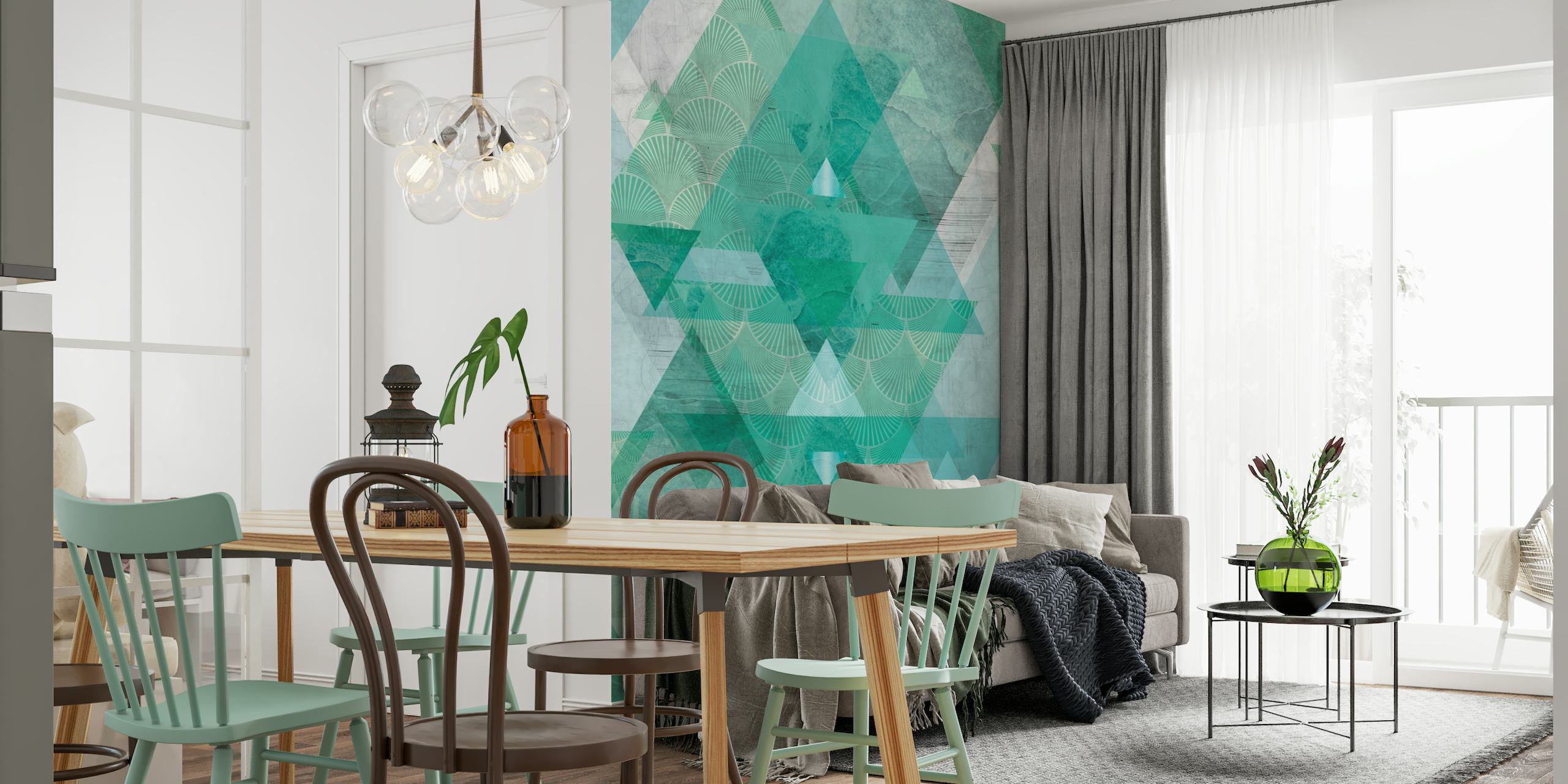 Aqua Teal Geometrisk vægmaleri med lagdelte trekanter og tekstureret udseende