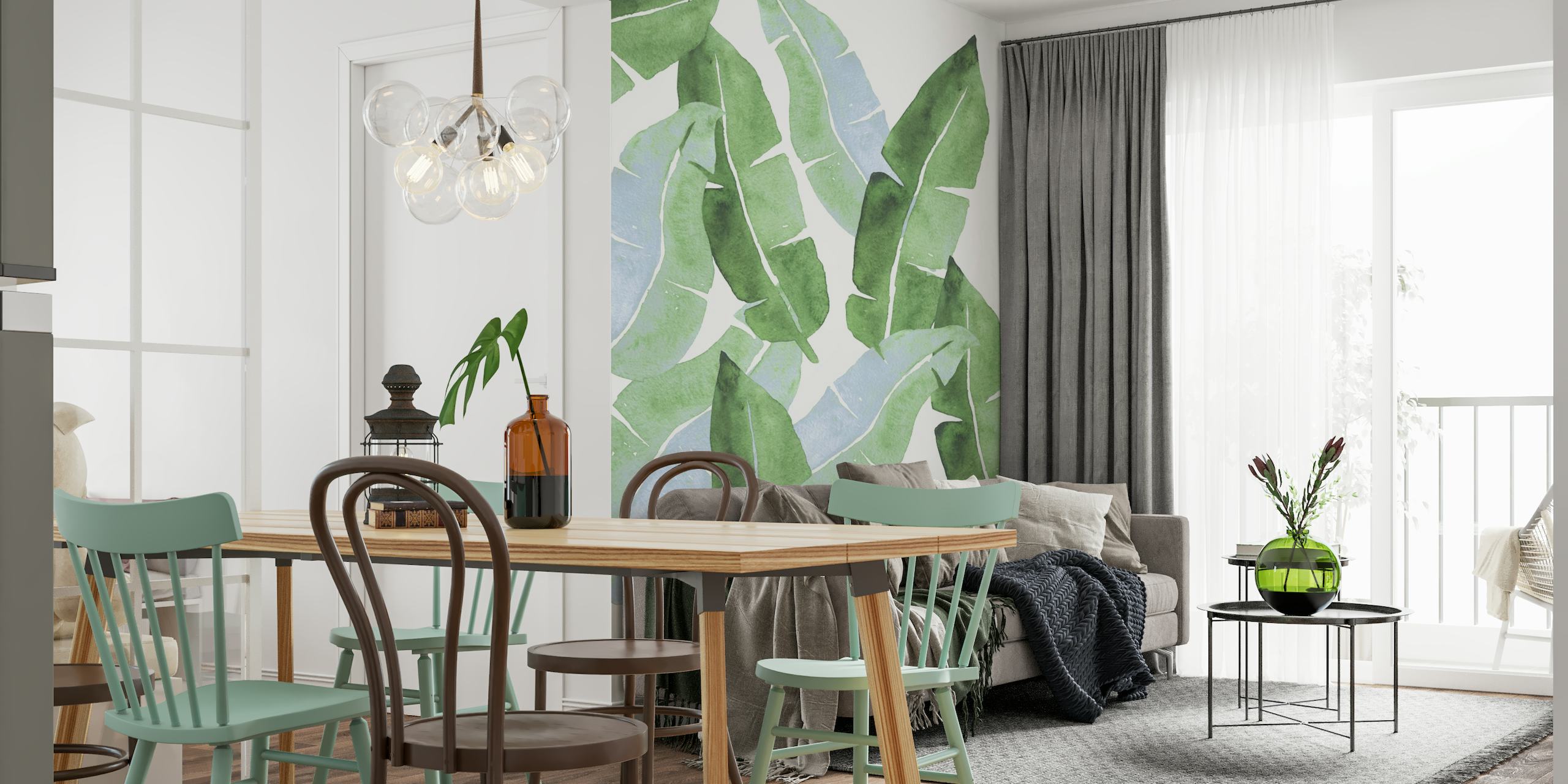 Tropical green and blue leaves wall mural