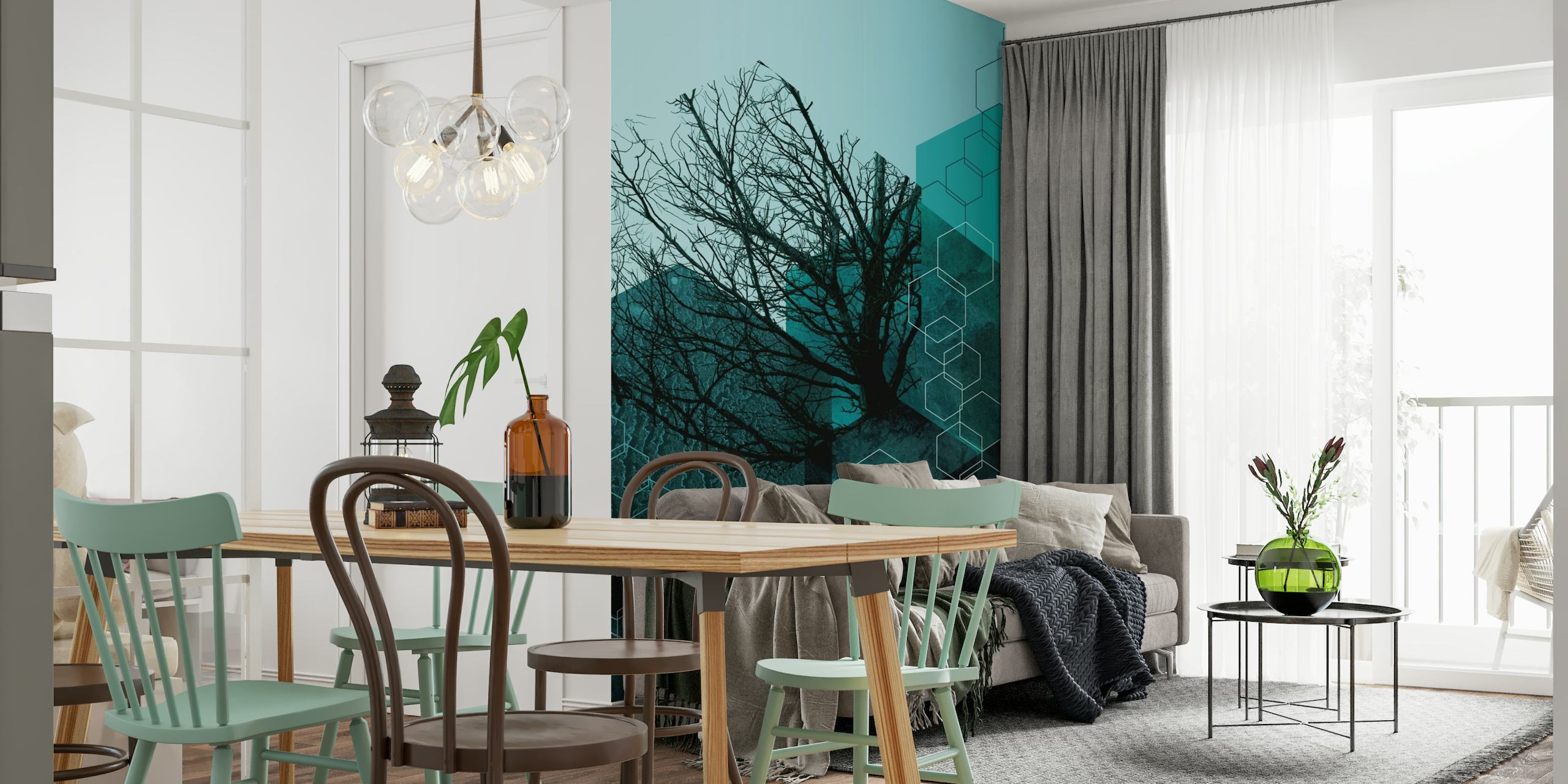 Abstract teal wall mural with a leafless tree and geometric shapes overlay from happywall.com