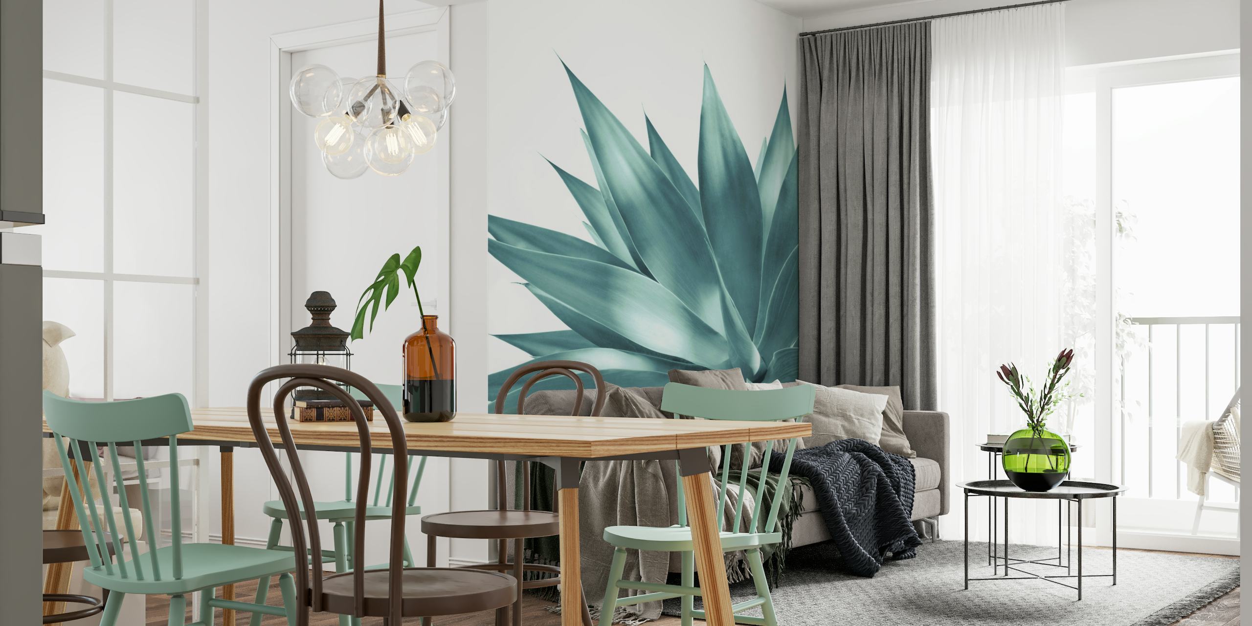 Elegantly detailed agave leaves wall mural in monochrome blue tones