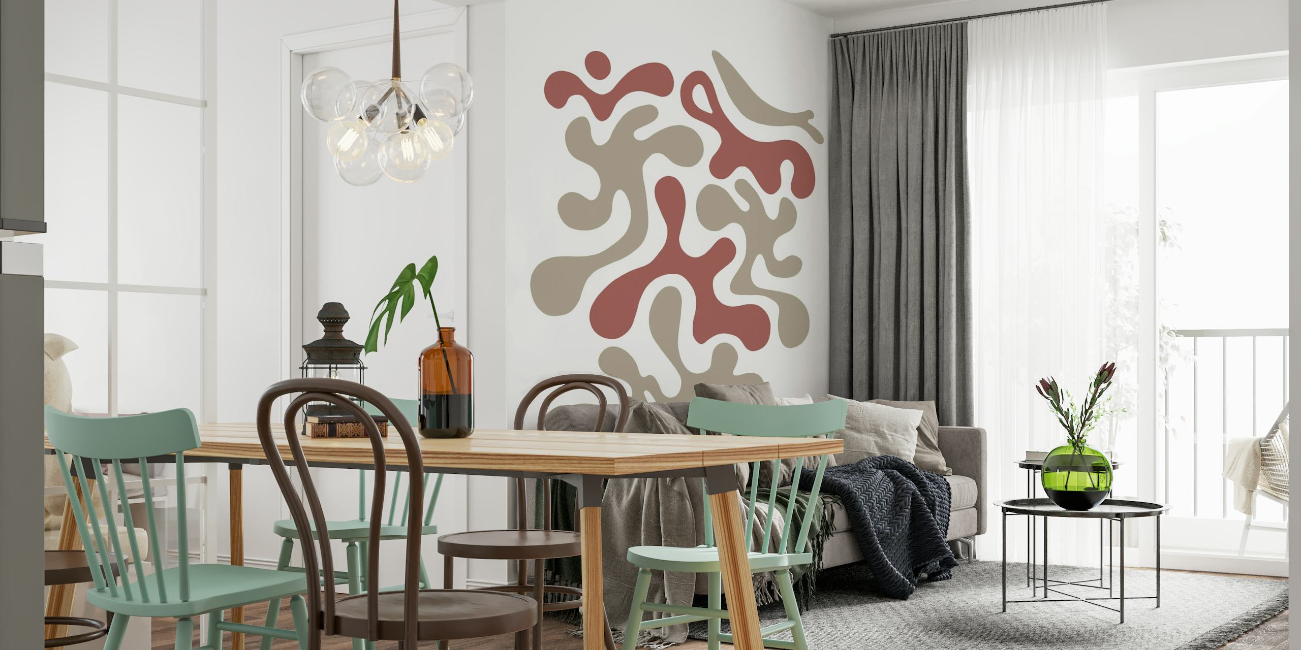 Abstract wall mural featuring organic shapes in terracotta and muted earth tones