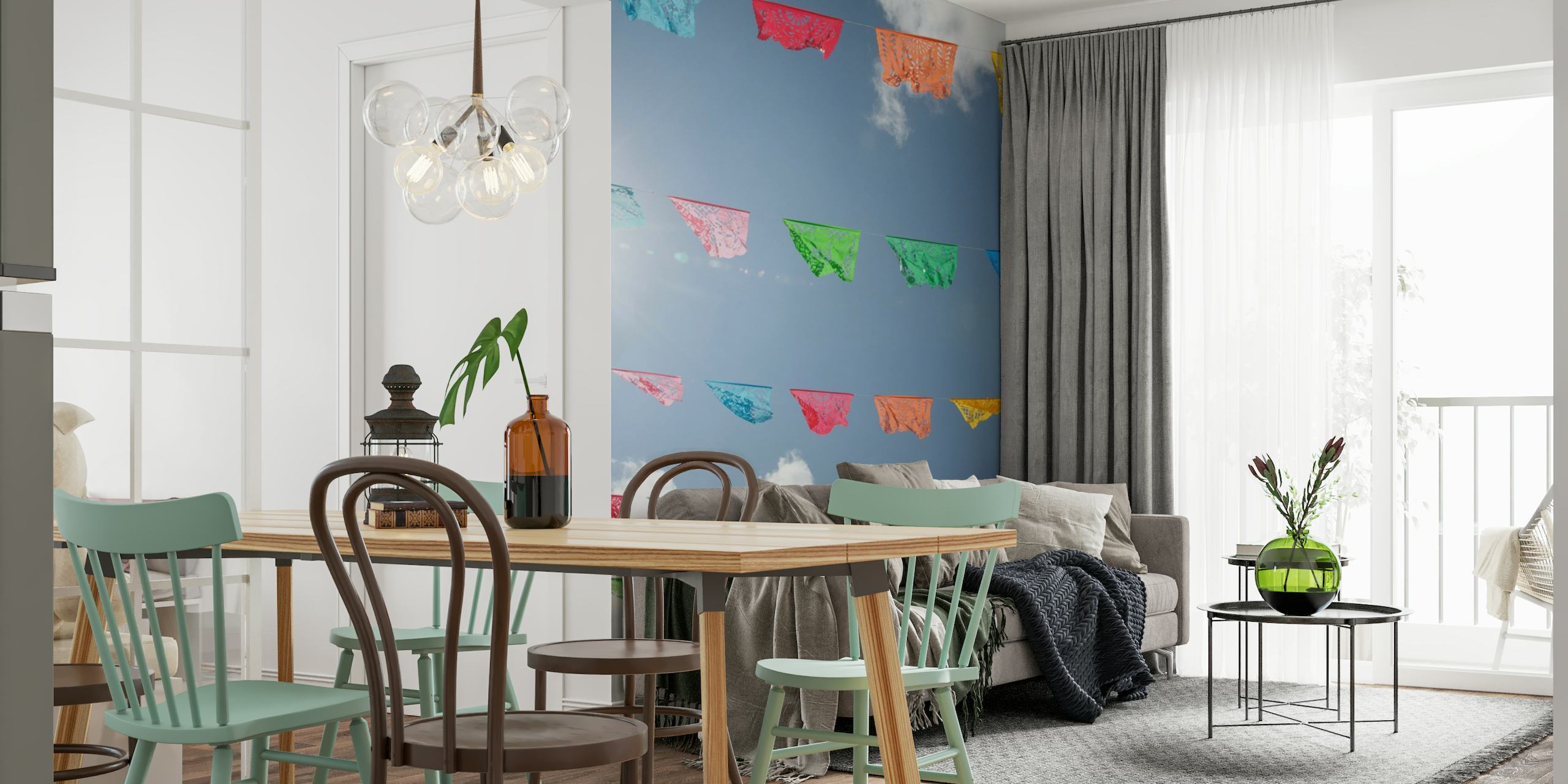 Colorful Papel Picado banners against a blue sky in a wall mural