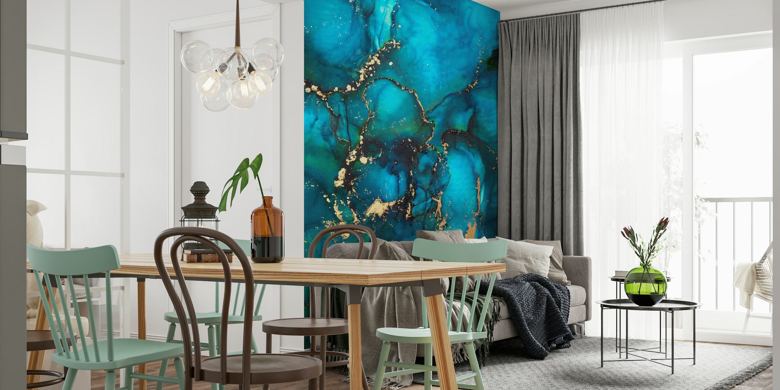 Abstract, op een lagune geïnspireerde muurschildering met inktdesign met blauwe en gouden tinten