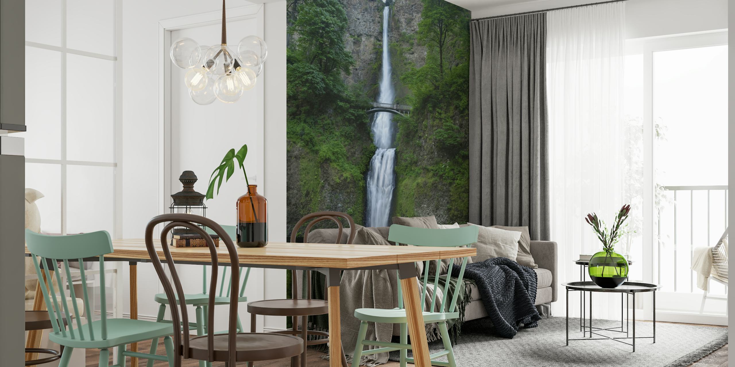 Multnomah Falls -seinämaalaus, jossa on vehreää vehreyttä ja vesistöjä.