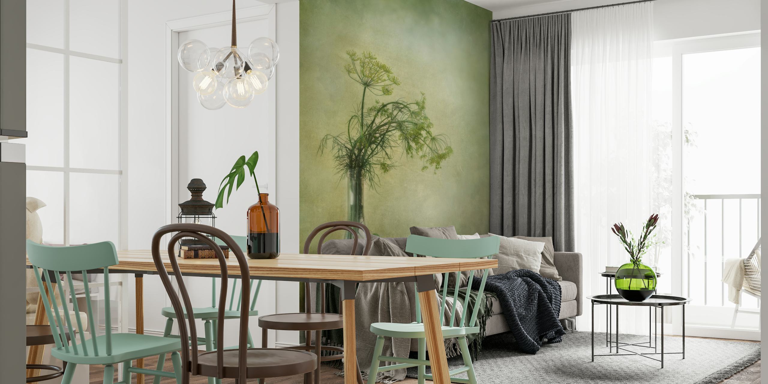 Seinämaalaus, jossa on maljakko tillillä ja kurkulla kuvioitua vihreää taustaa vasten