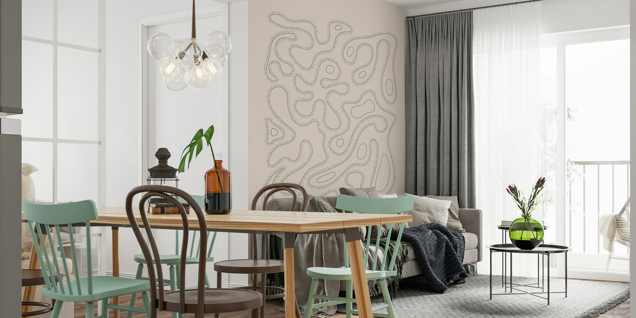 Abstract monochrome wall mural with flowing lines and organic shapes