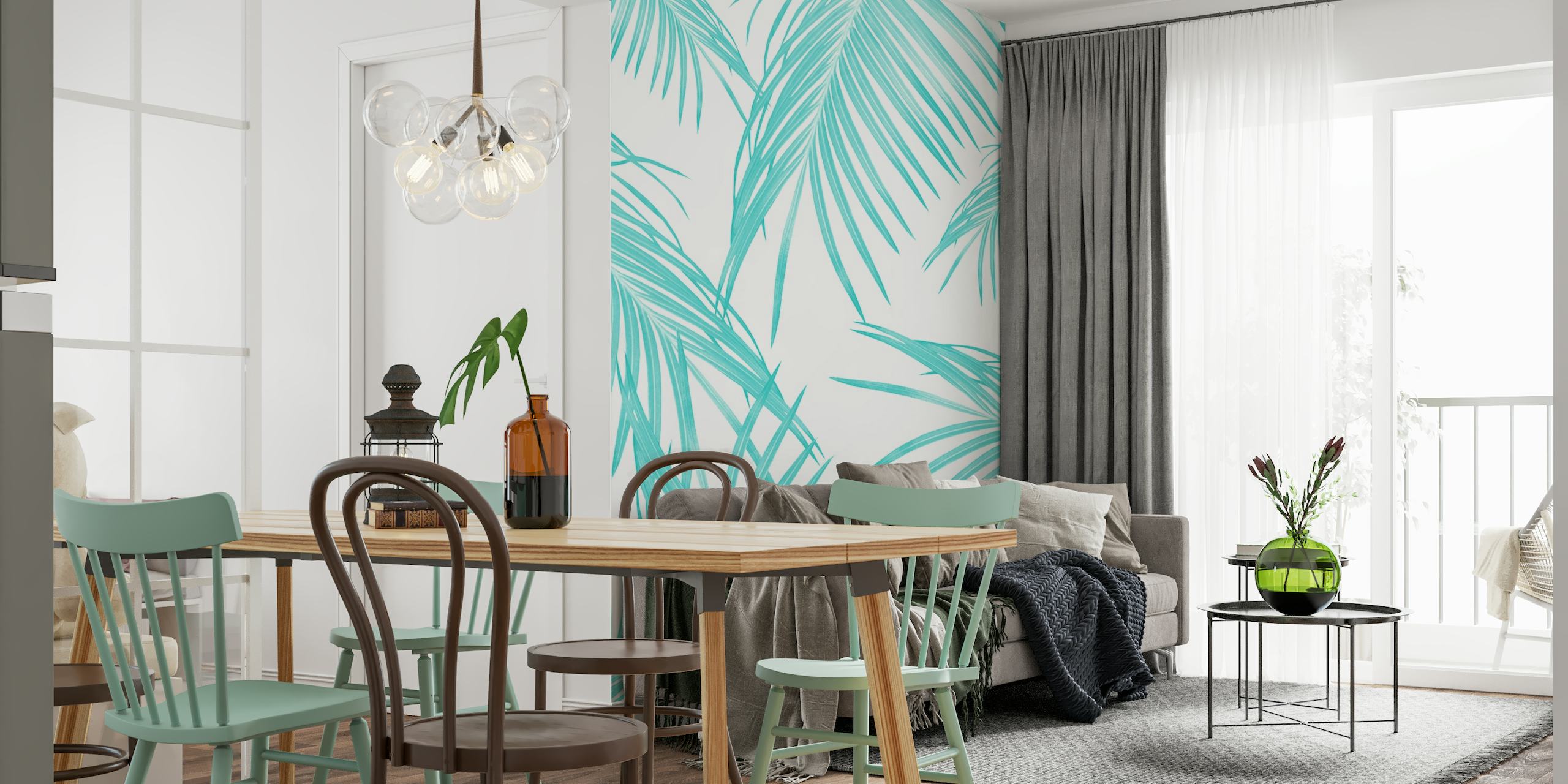 Zacht turquoise palmbladeren patroon muurschildering