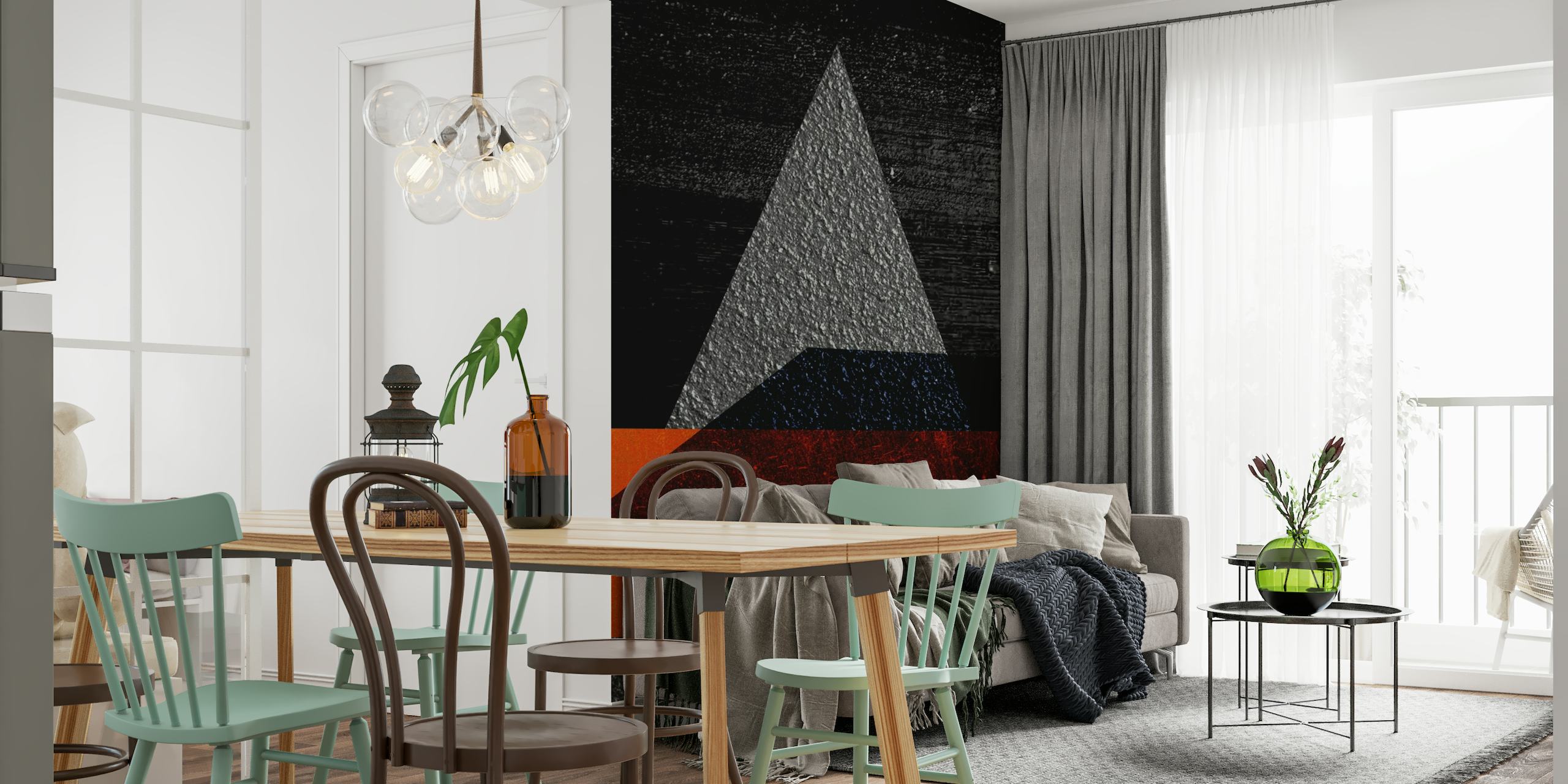 Abstract geometric wall mural with contrasting black background and textured triangles in shades of blue and orange