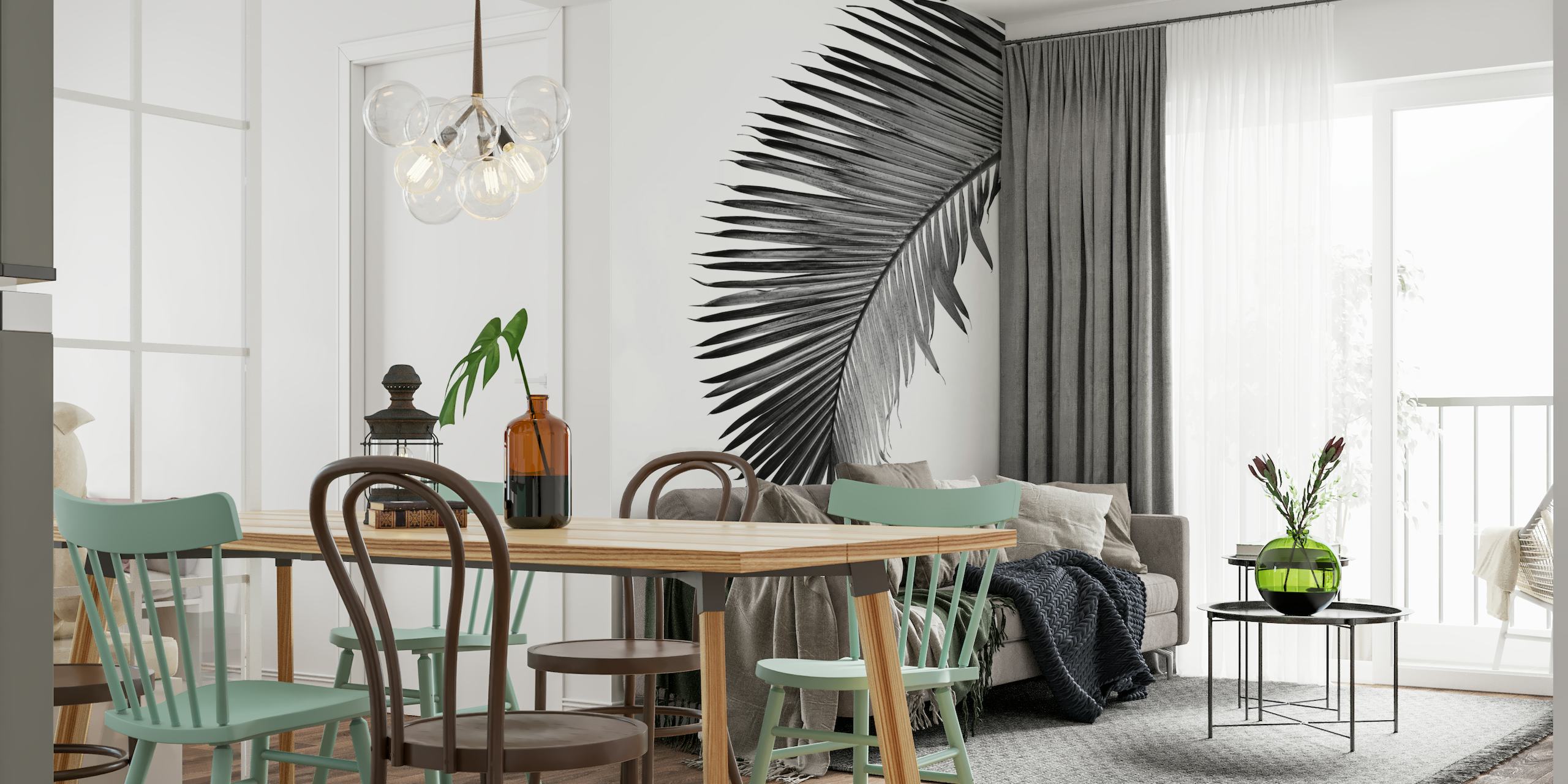 Jednobojni zidni tapet s palminim lišćem za uređenje u suvremenom stilu