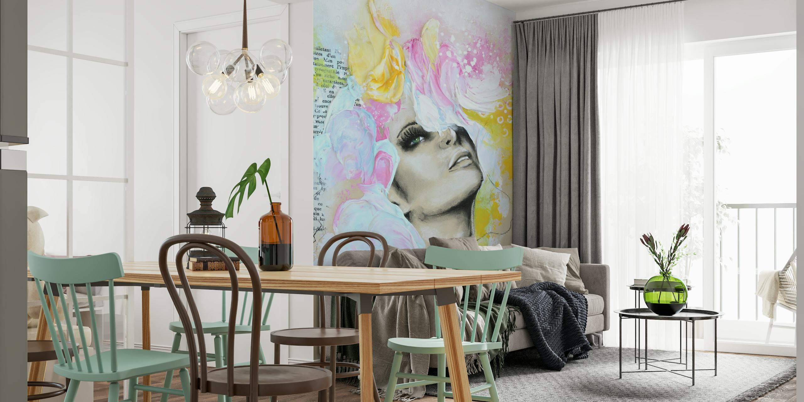 Artistic wall mural of a woman dreaming with a pastel summer palette and floral accents