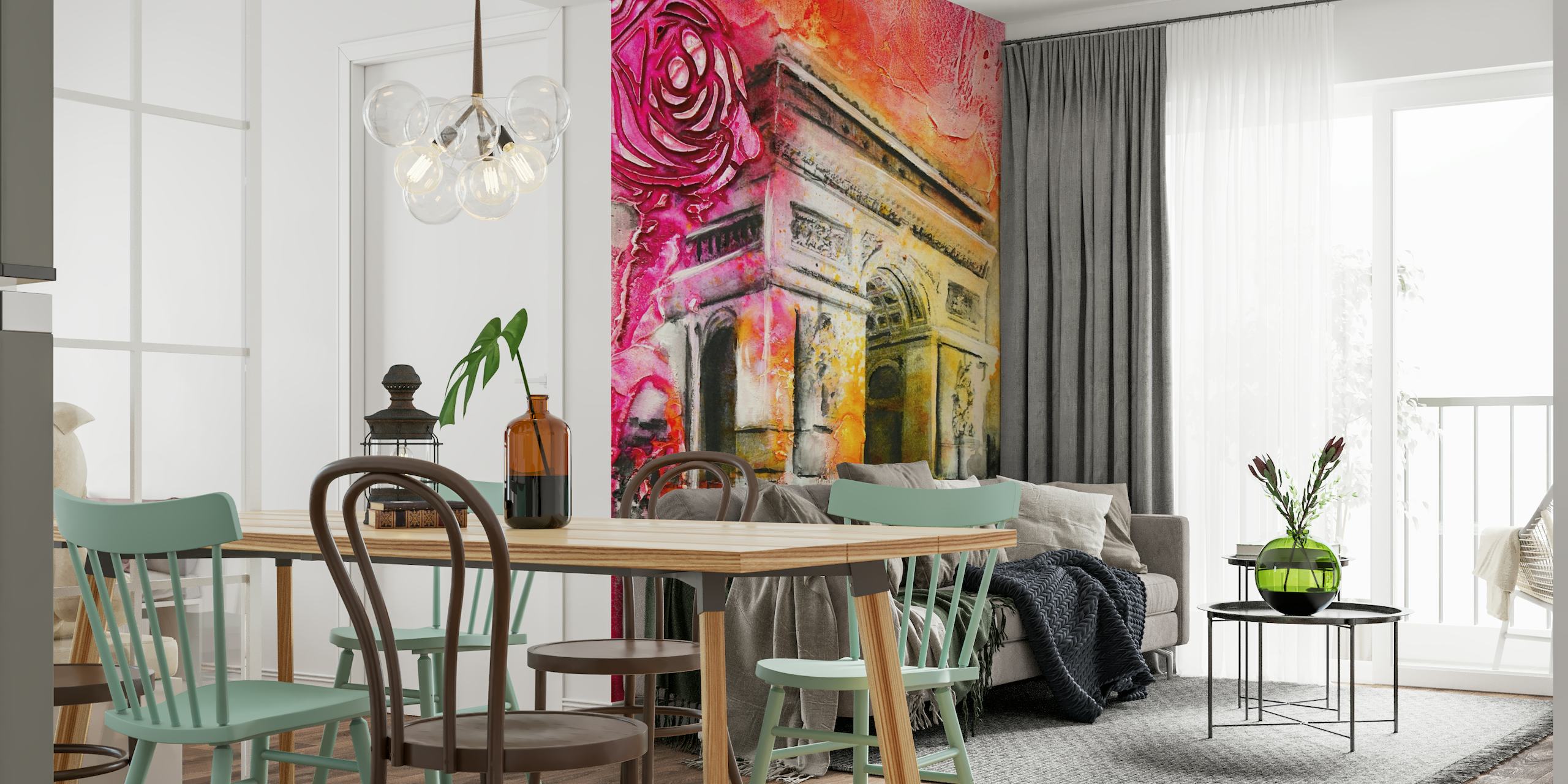 Murale espressivo e colorato ispirato a Parigi con l'Arco di Trionfo in vivaci rosa e rossi.