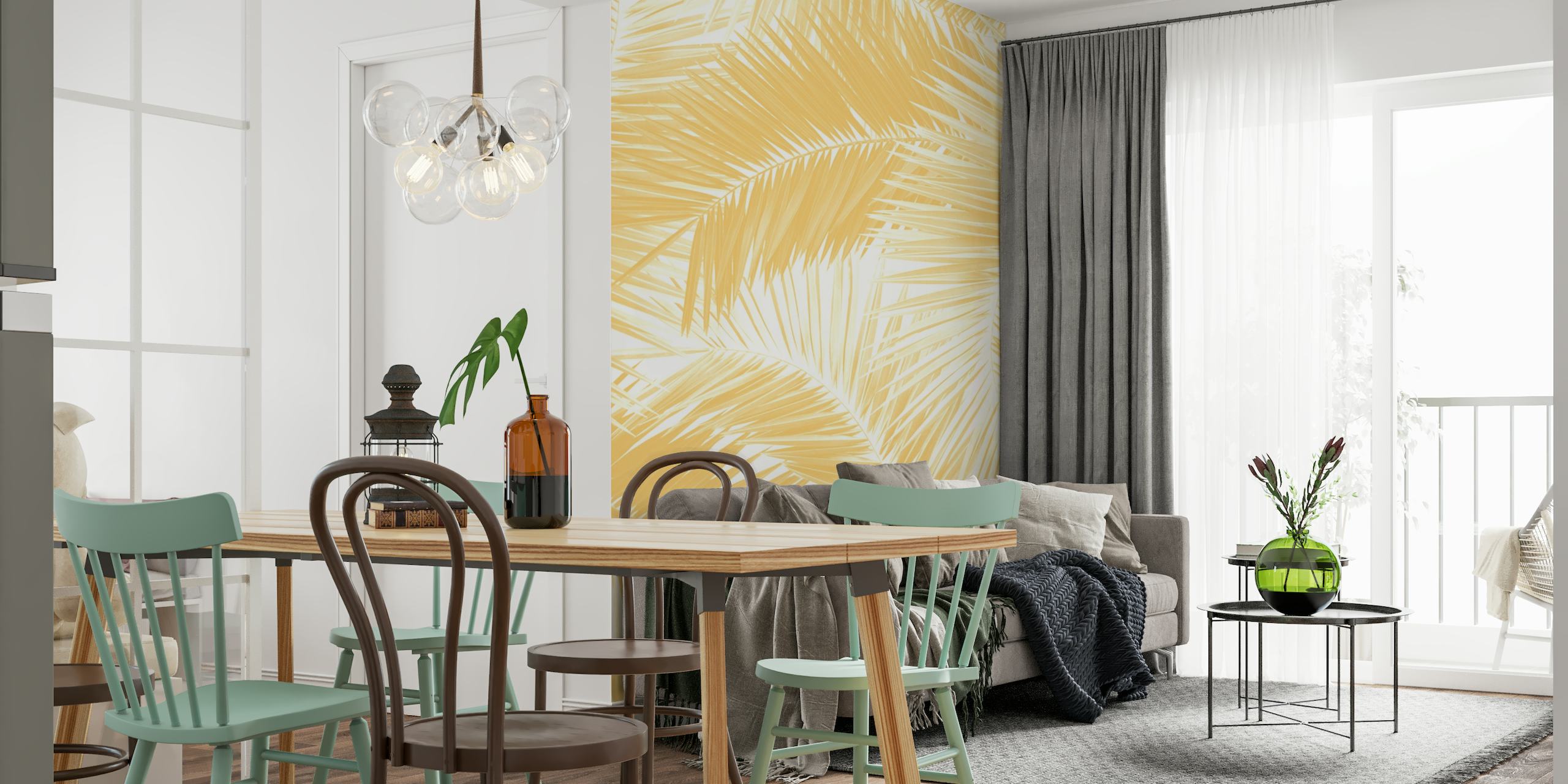 Tropical palm leaf pattern wall mural in warm tones