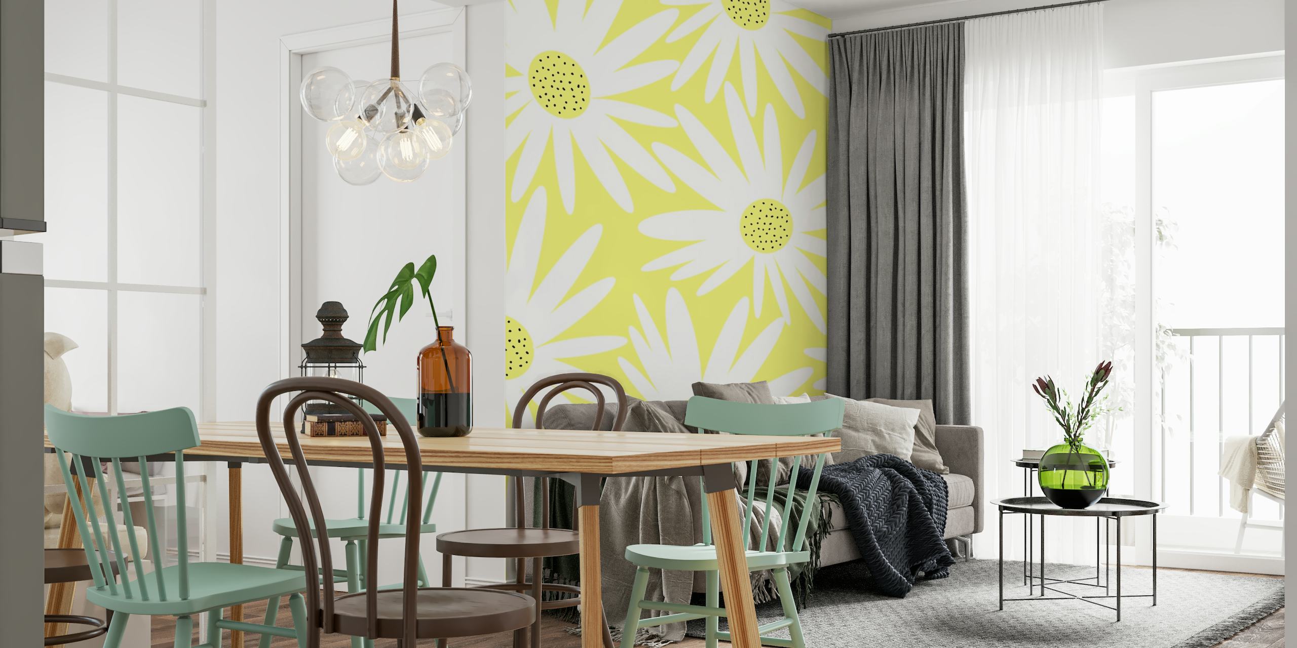 Retro sunflower pattern wall mural on a bright yellow background