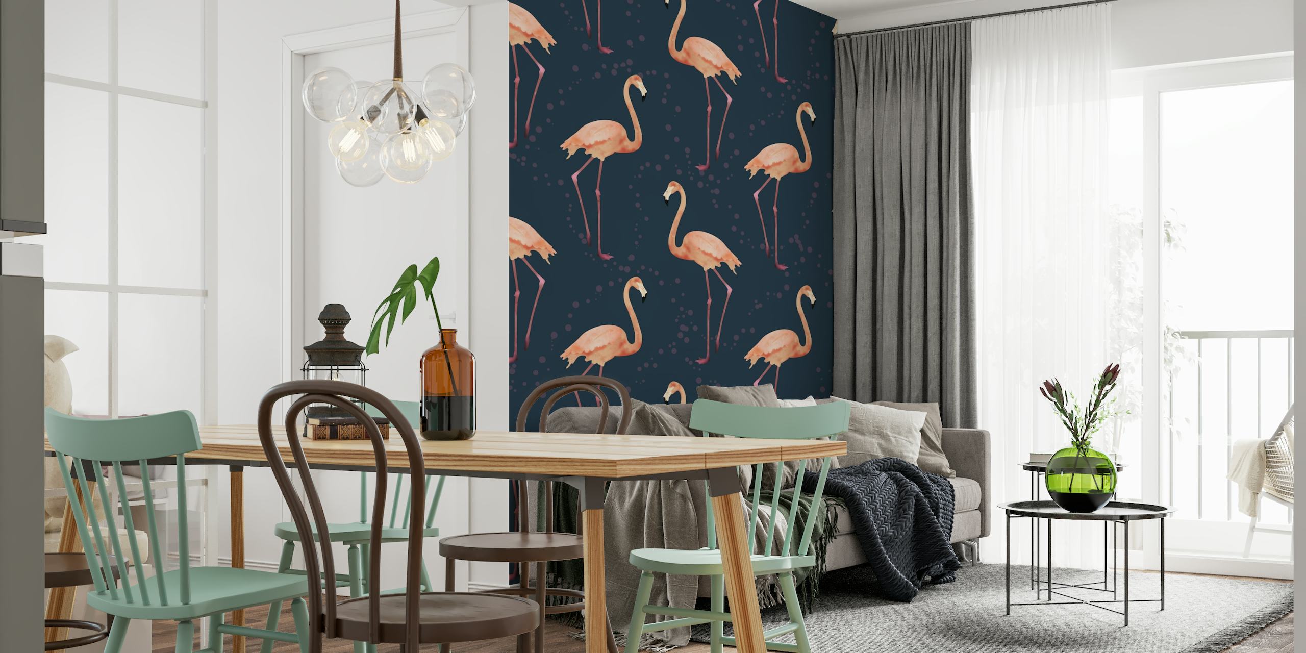 Navy wall mural with pink flamingos in a repeating pattern