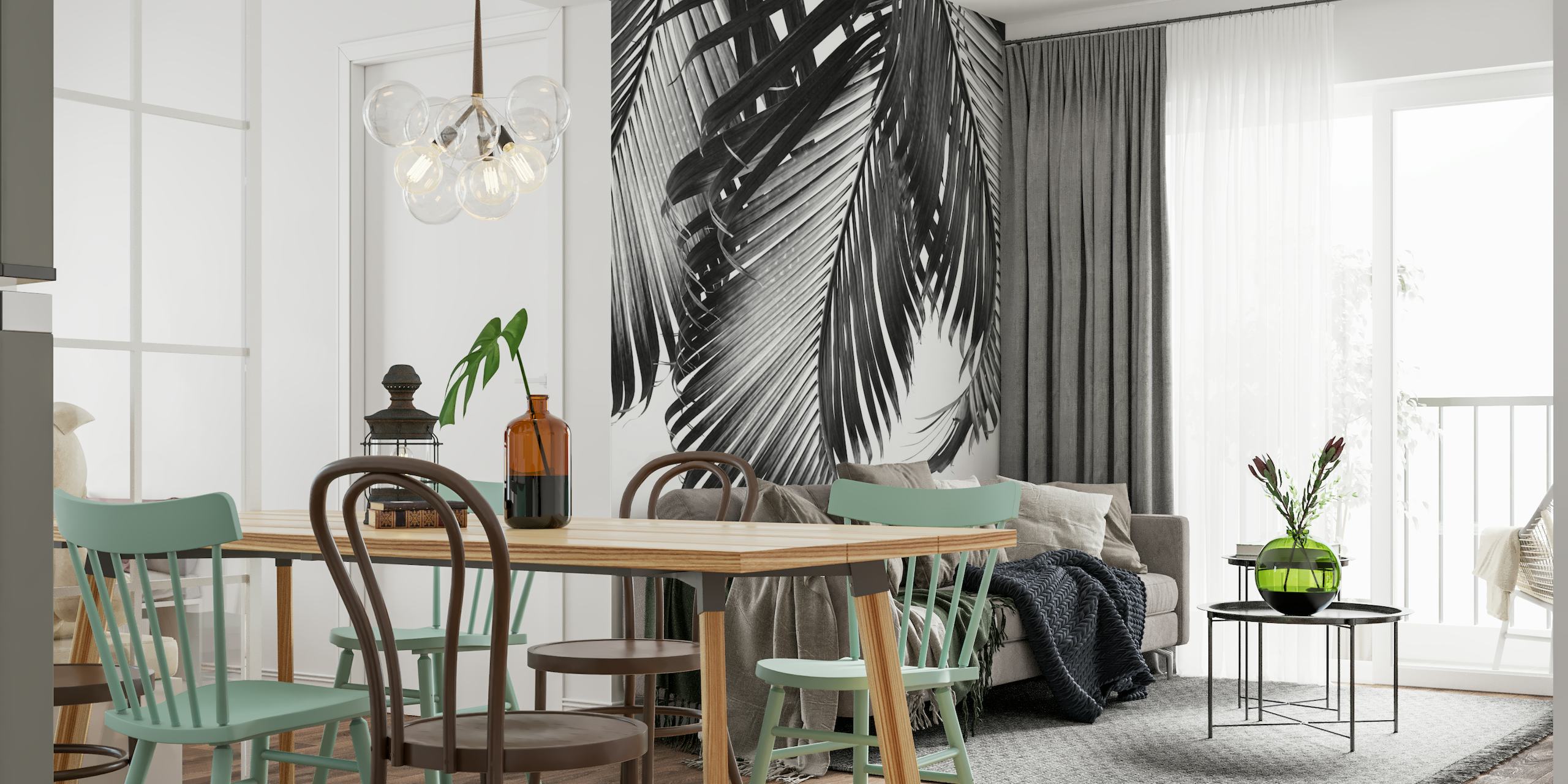 Monokrom palmeblade vægmaleri til indretning