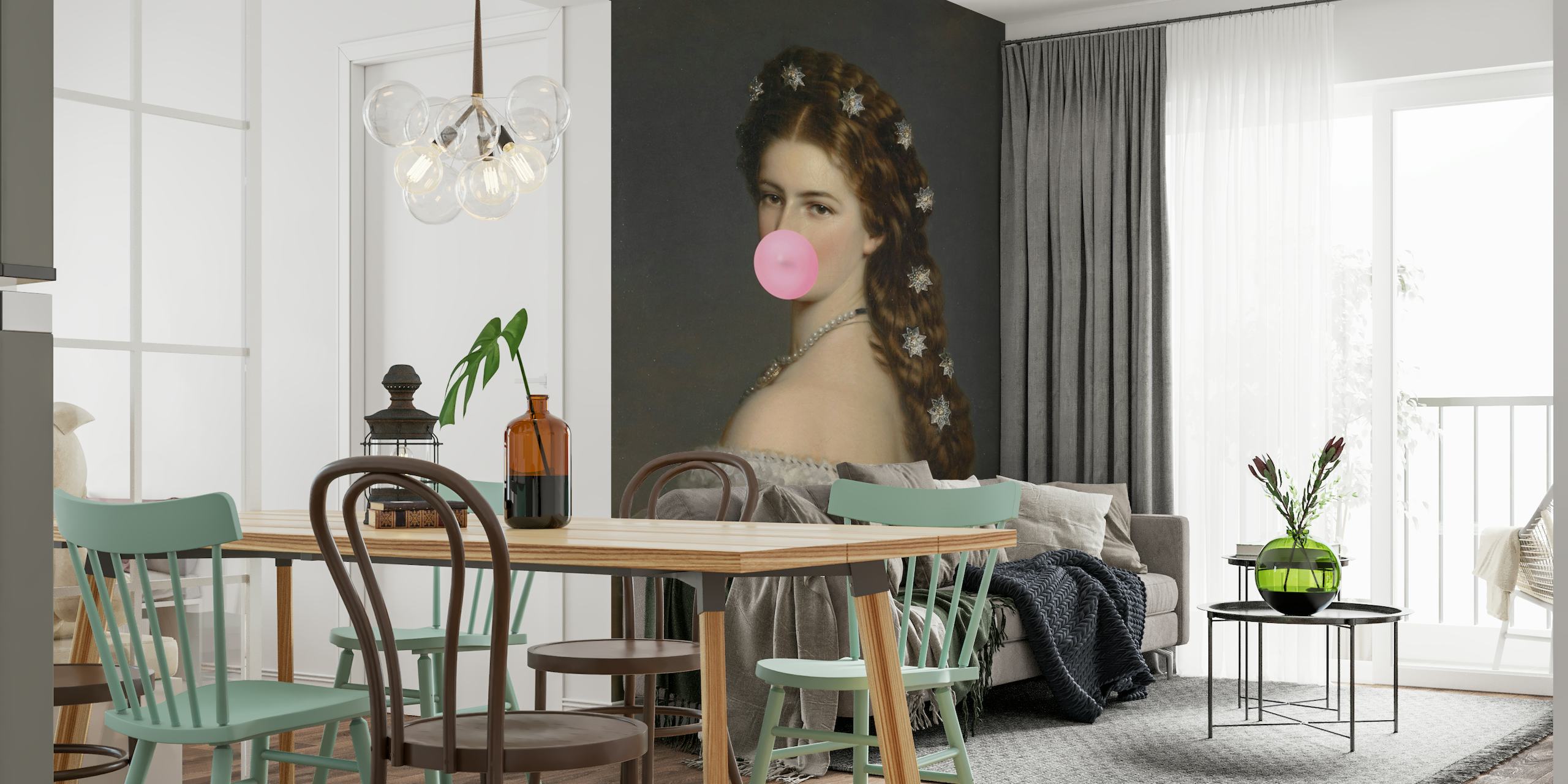 Papier peint mural de l'impératrice Sissi soufflant une bulle de bubble-gum, rencontre entre classique et design décalé