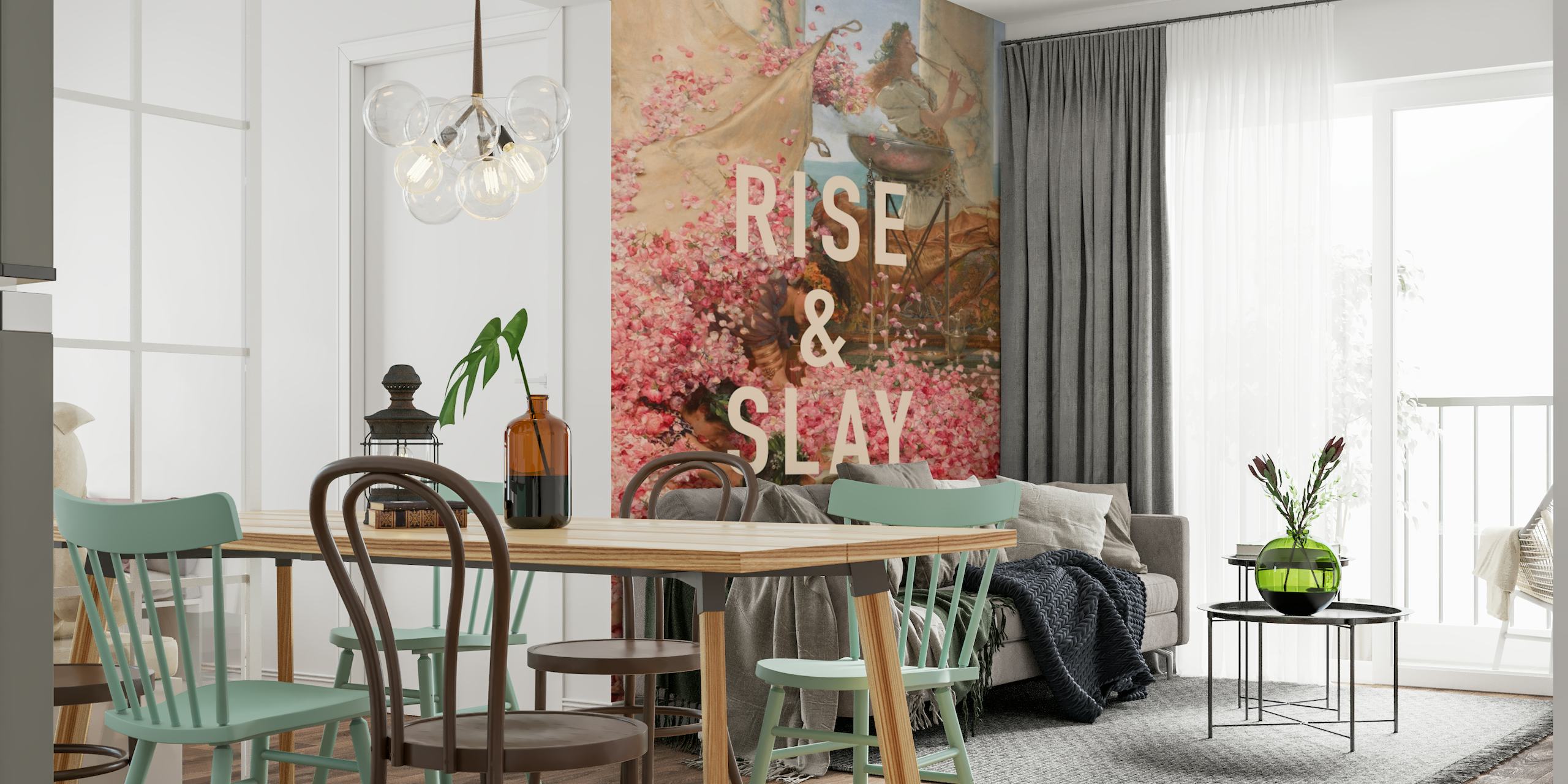 Motivierendes Wandbild „Rise and Slay“ mit rosa Blumen und Vintage-Hintergrund