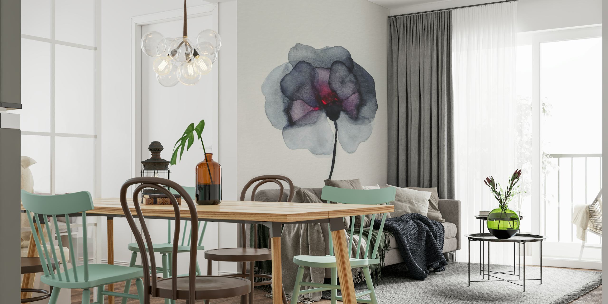 Fotomural vinílico de parede com pintura floral azul escuro e uma única flor elegante