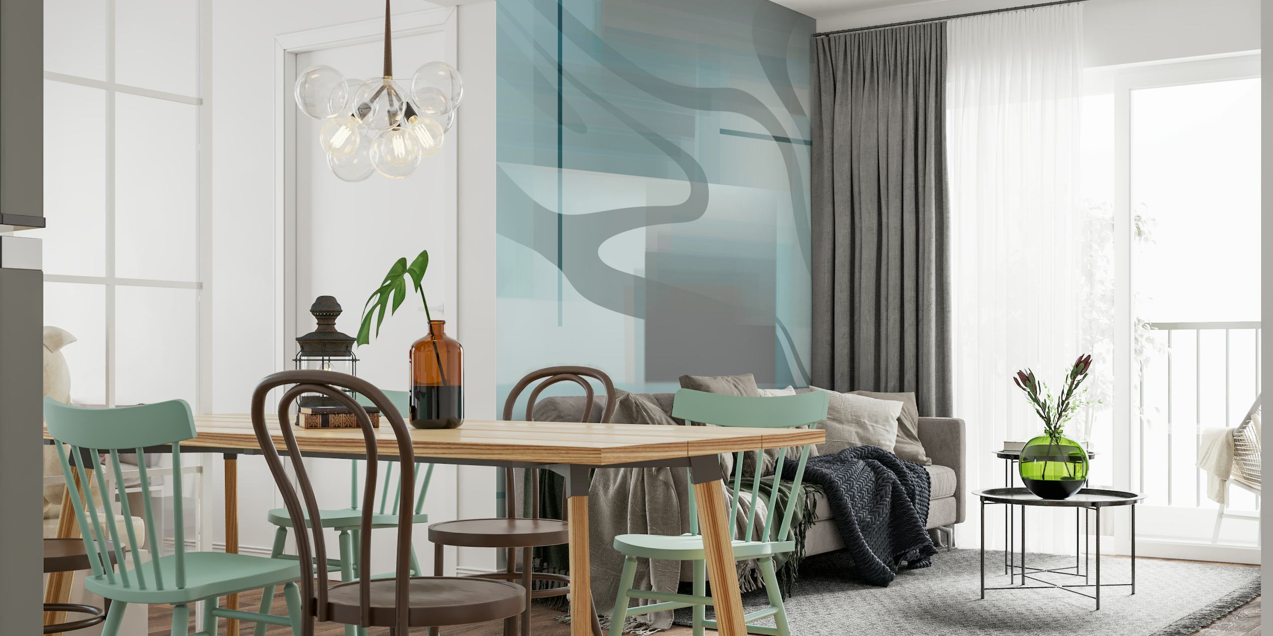 Mid-Century Modern style wall mural with a soft blue and gray abstract pattern