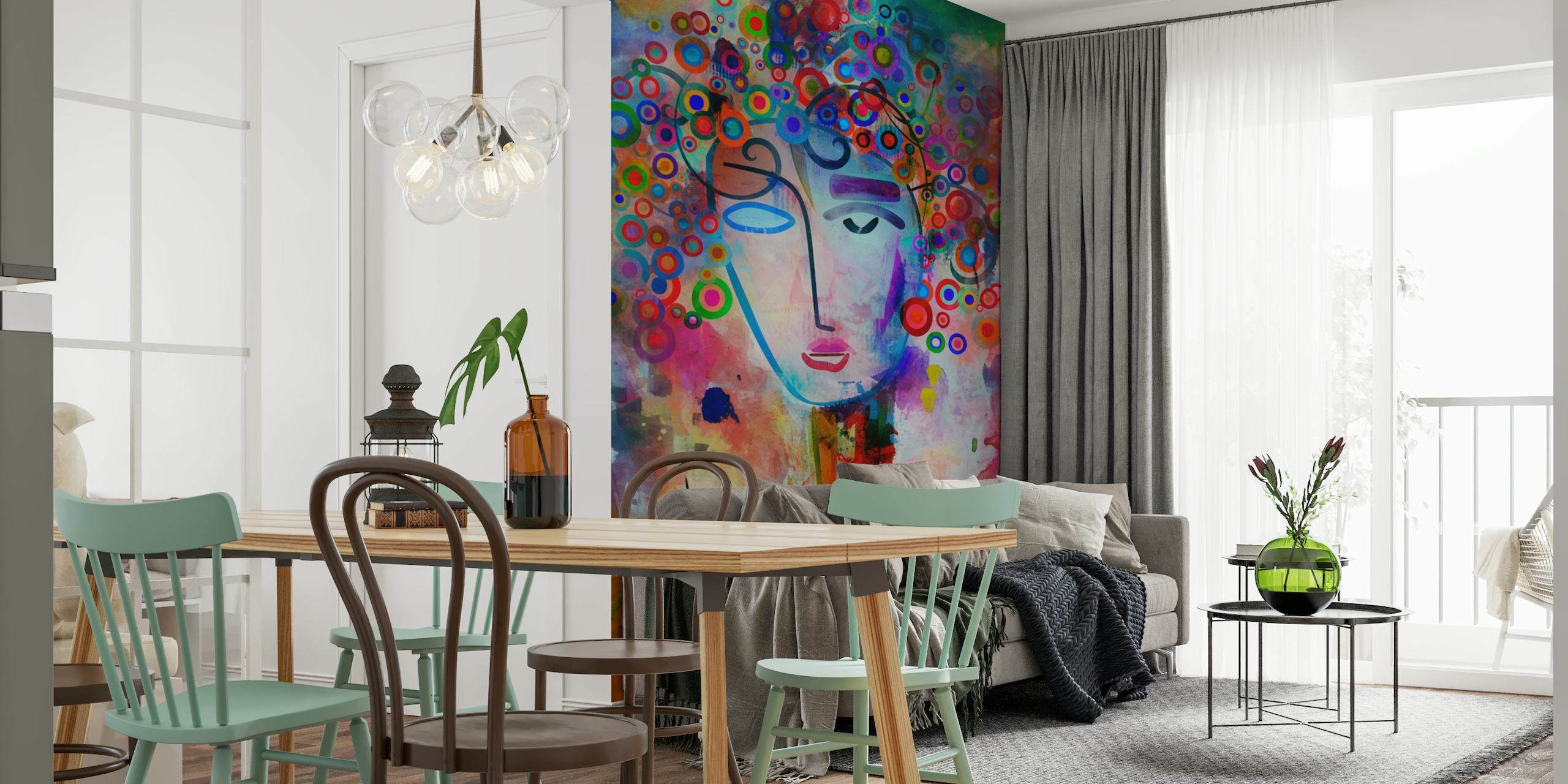 Mural abstracto y colorido que presenta una representación imaginativa de una mente en una sesión de lluvia de ideas.